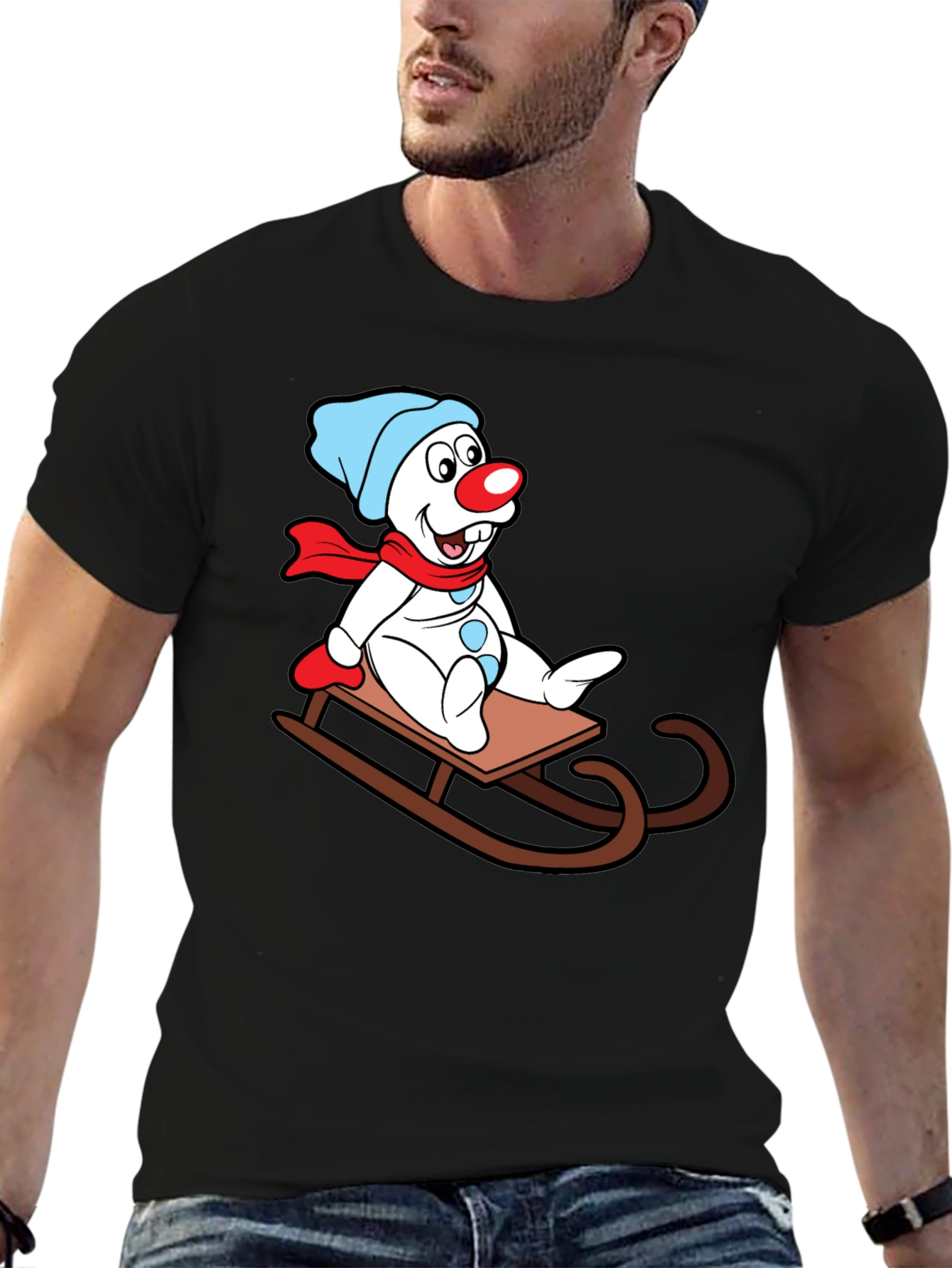 Black Snowman Sledding Graphic T-Shirt view 6