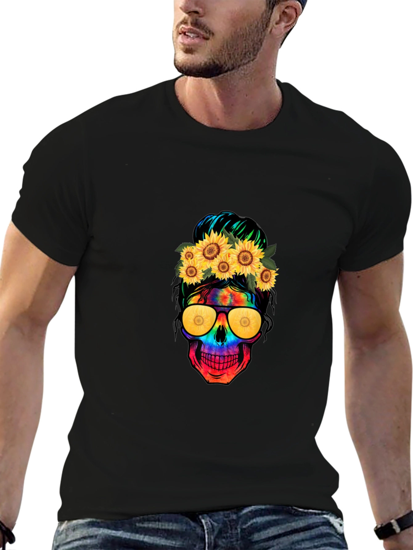 Skull with Sunflowers Graphic Tee - 6