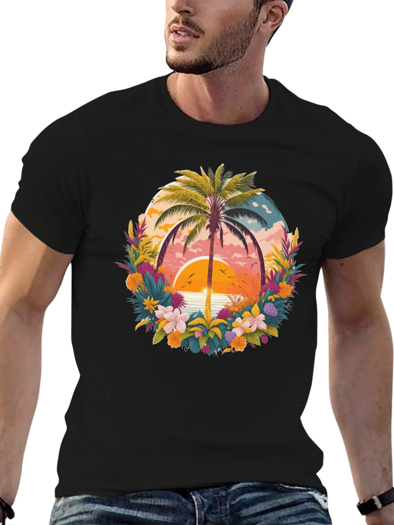Black Tropical Sunset Palm Tree Graphic T-Shirt view 6