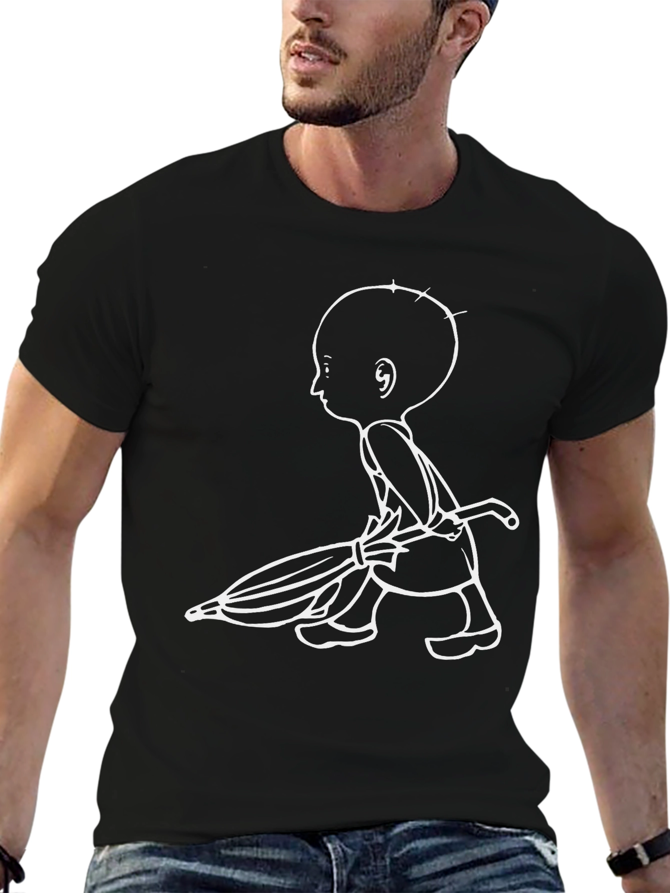 Black Unique Graphic Tee: Cartoon Character with Umbrella view 6