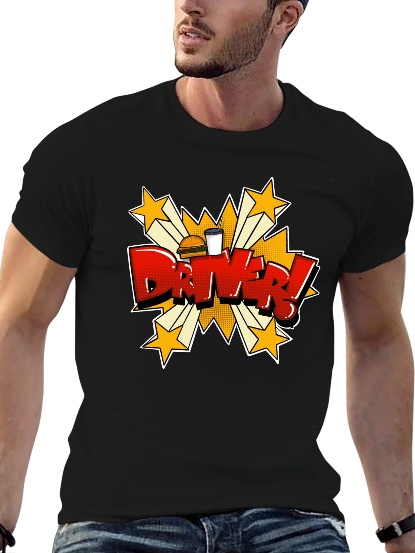 Black Driver Cartoon T-Shirt - Fast Food Delivery Style view 6