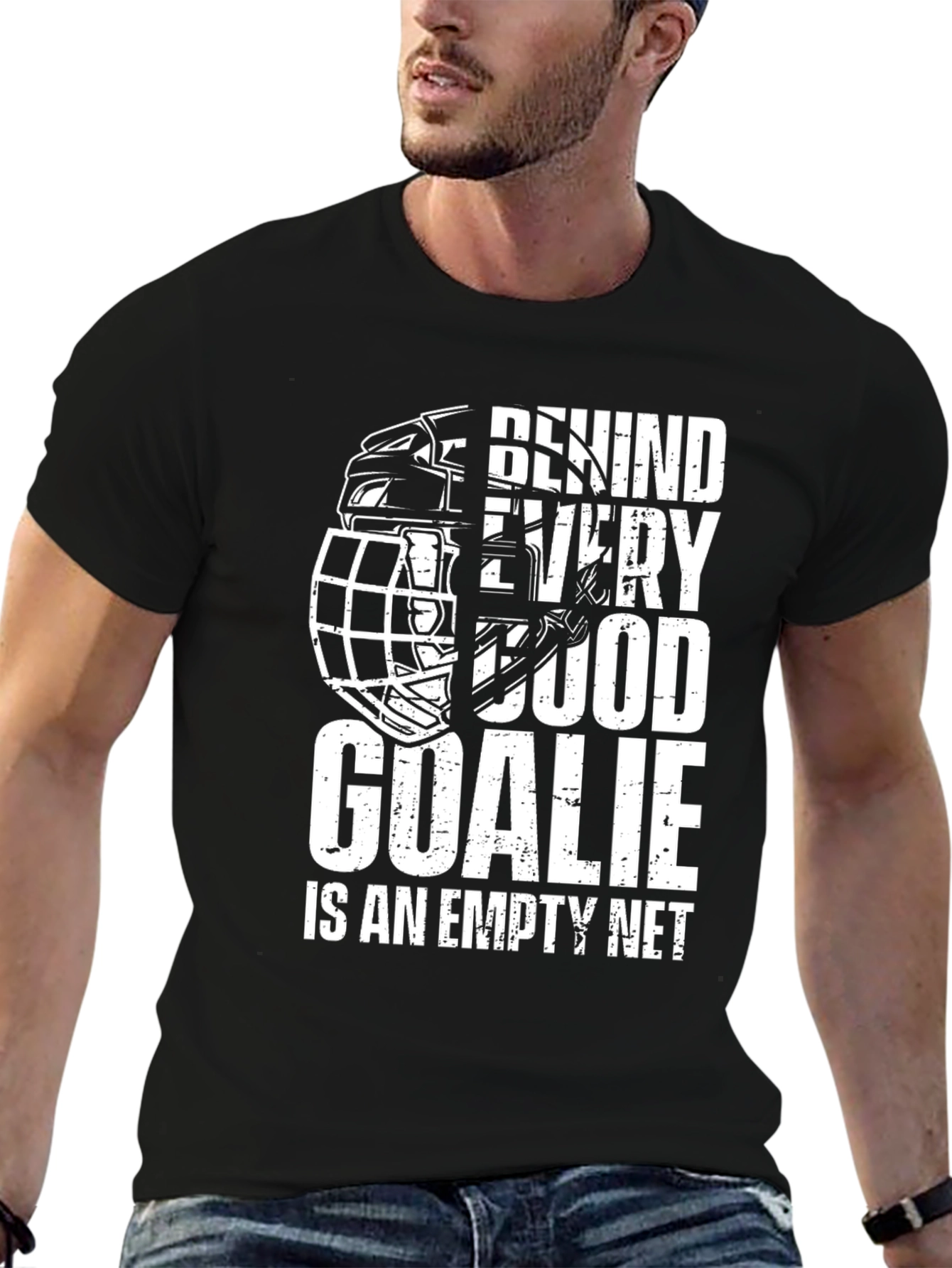 Black Hockey Goalie T-Shirt - Behind Every Good Goalie Empty Net Tee view 6