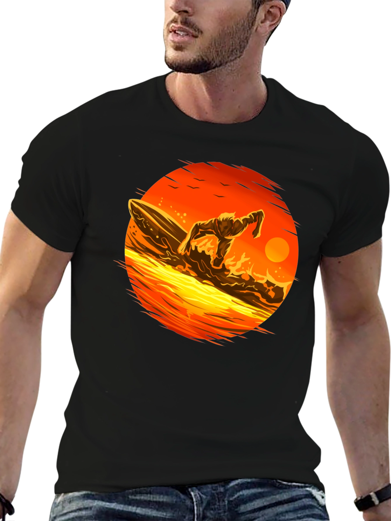 Black Surfer Sunset Graphic Tee - Black Cotton T-Shirt view 6