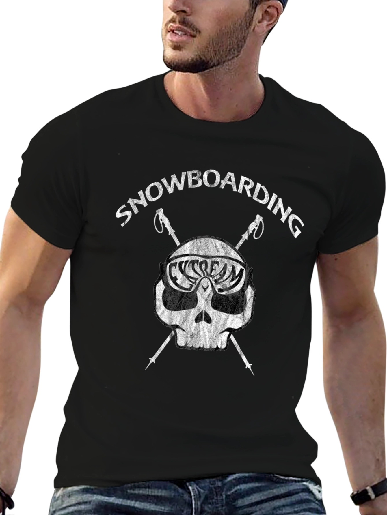 Black Snowboarding Skull Graphic T-Shirt - Black view 6