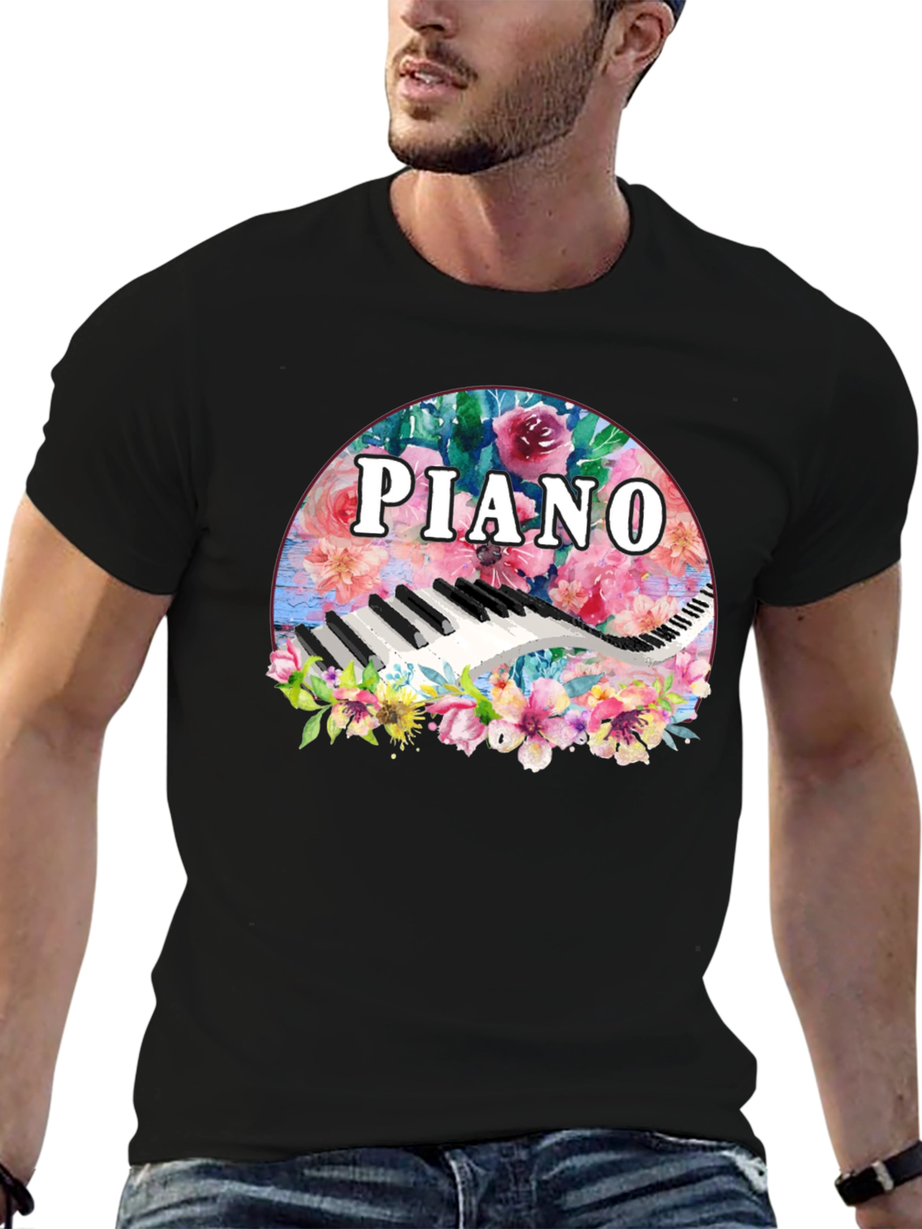 Black Floral Piano T-Shirt - Music Lover Tee view 6