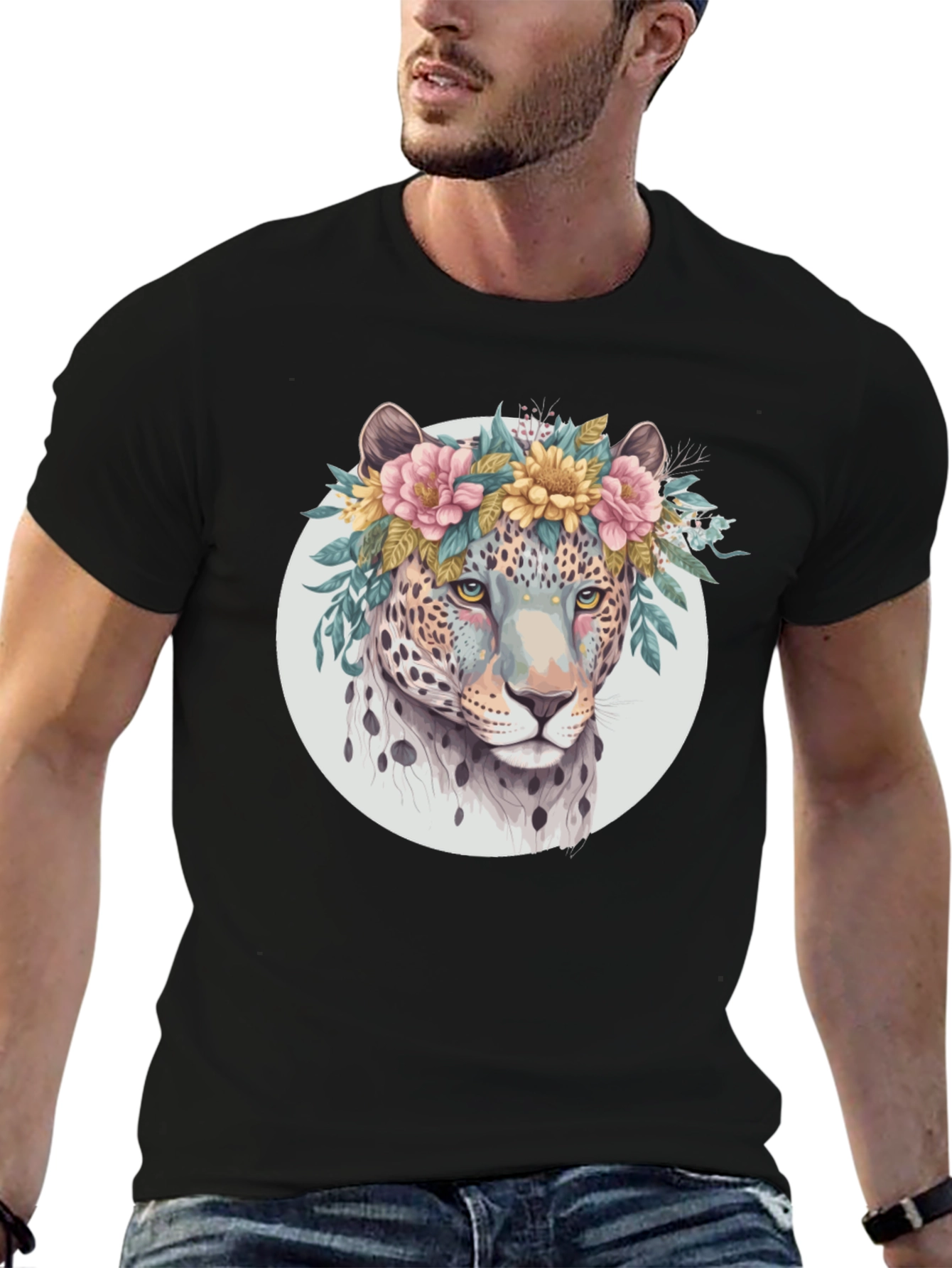 Black Floral Leopard Print Black T-Shirt view 6