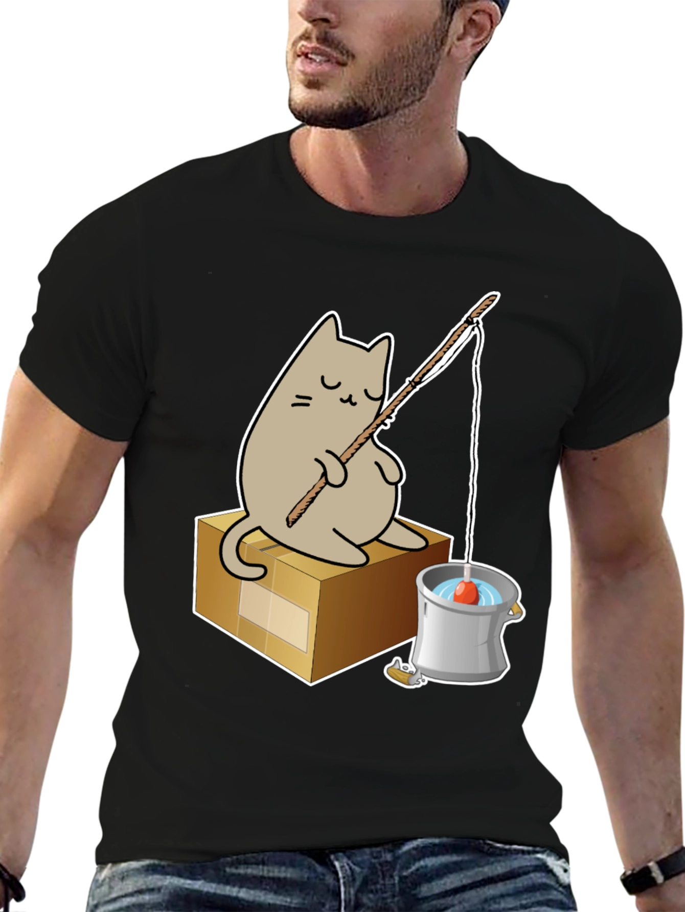 Black Cat Fishing T-Shirt - Cute Graphic Tee view 6