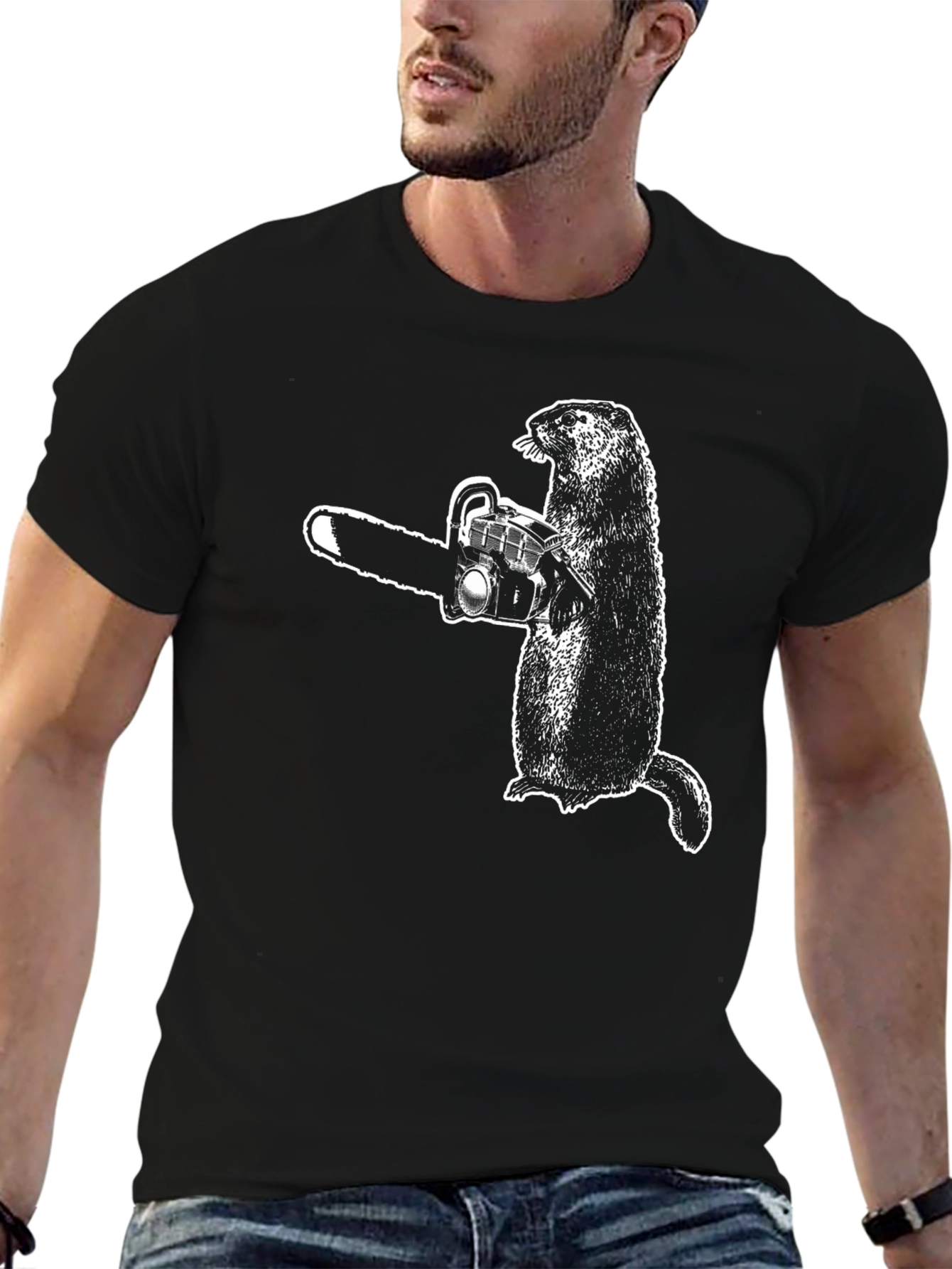 Black Groundhog Chainsaw Graphic Tee - Black Cotton T-Shirt view 6