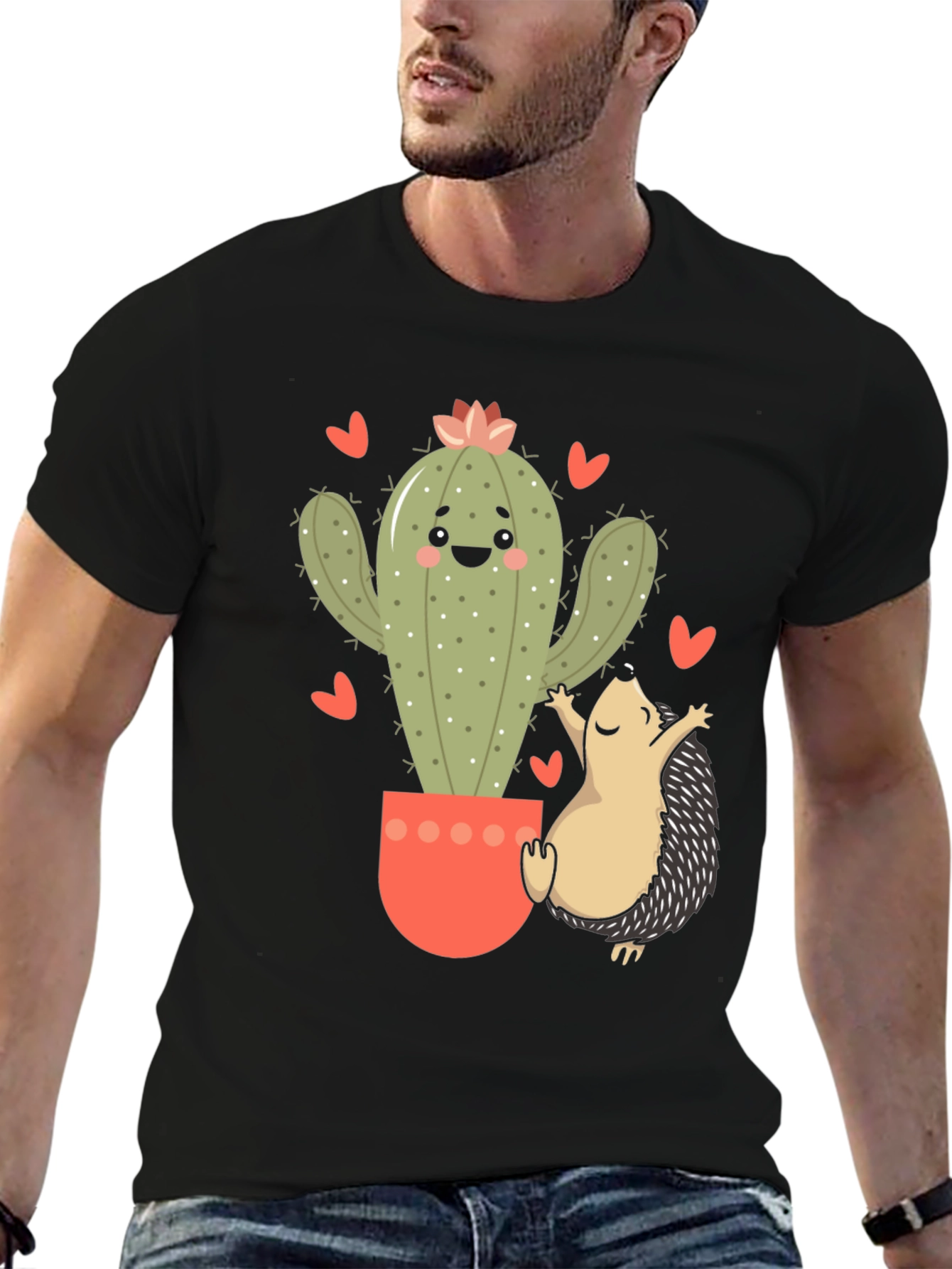Black Cute Cactus & Hedgehog Graphic Tee view 6
