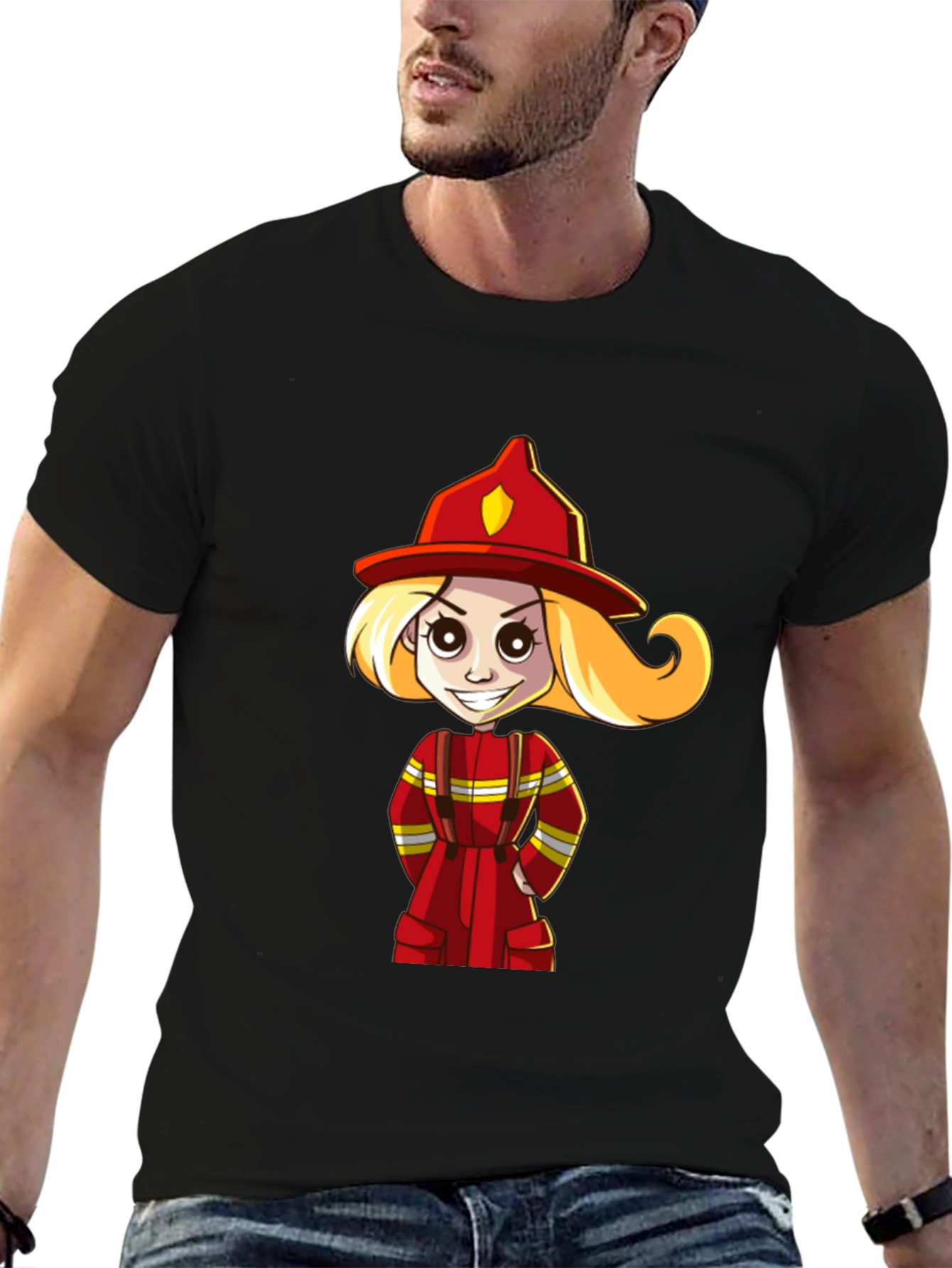 Black Cartoon Firefighter Girl T-Shirt view 6