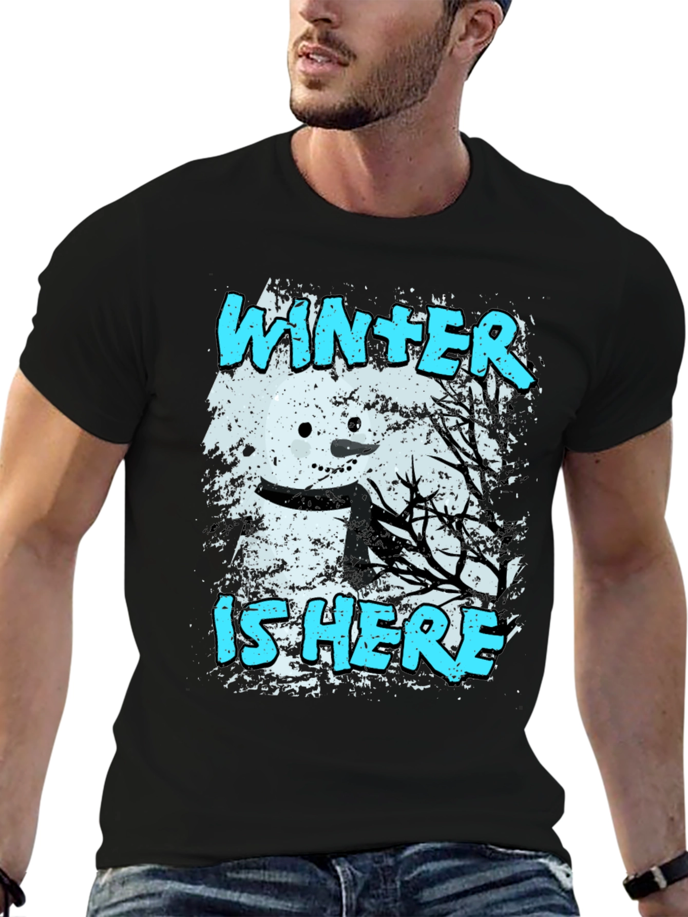 Black Winter is Here T-Shirt - Snowman Graphic Tee view 6