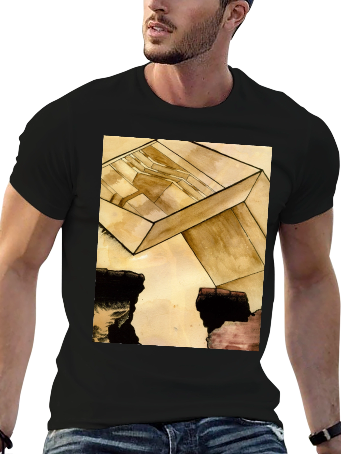Black Abstract Cube Graphic Tee - Modern Art T-Shirt view 6