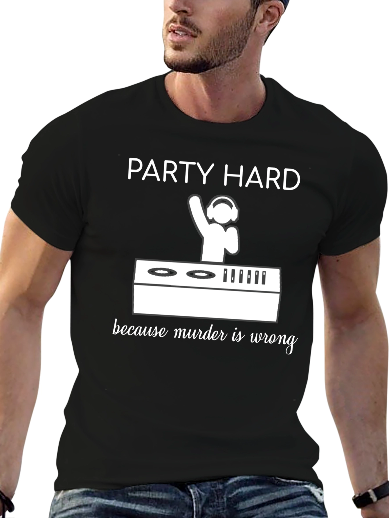 Black Party Hard DJ Graphic Tee - Murder is Wrong Funny T-Shirt view 6