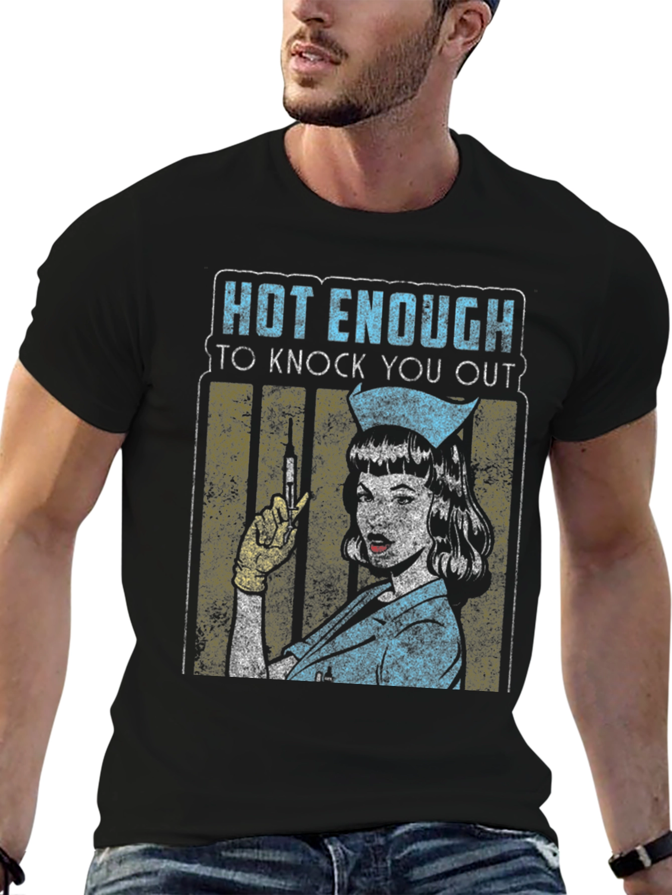 Black Hot Enough Nurse T-Shirt - Knock You Out Retro Design view 6