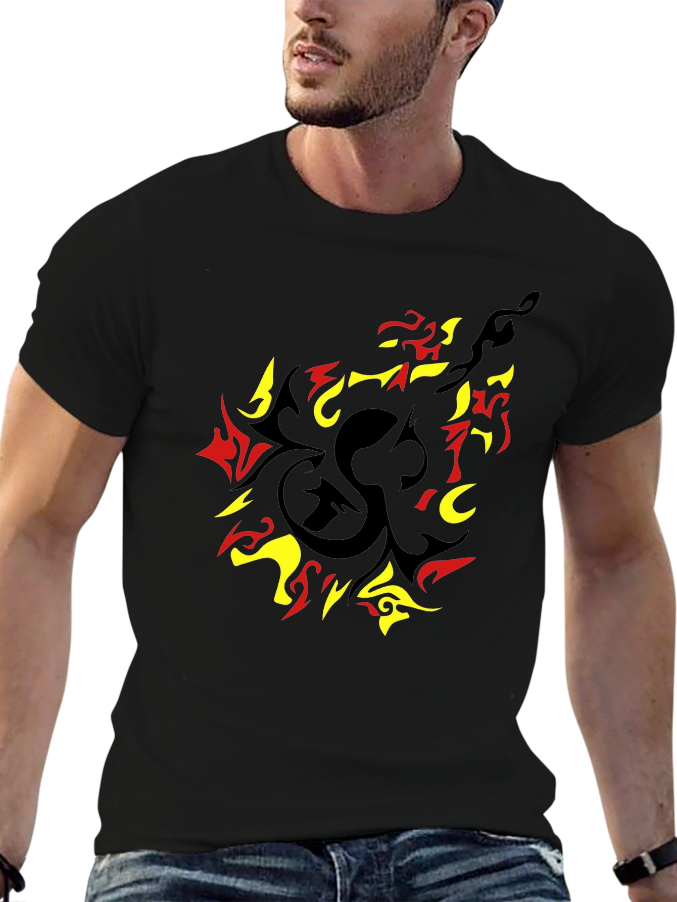 Black Stylish Graphic Tee - Abstract Flame Design view 6