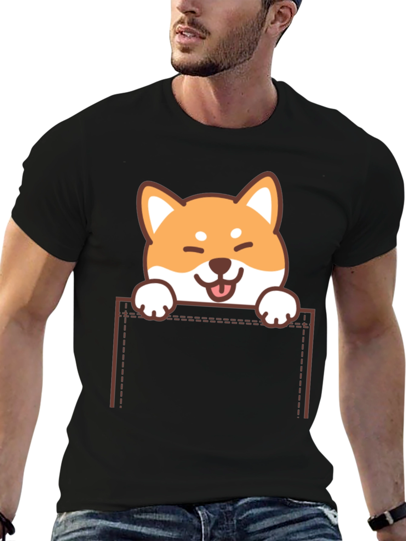 Black Cute Shiba Inu Pocket T-Shirt view 6