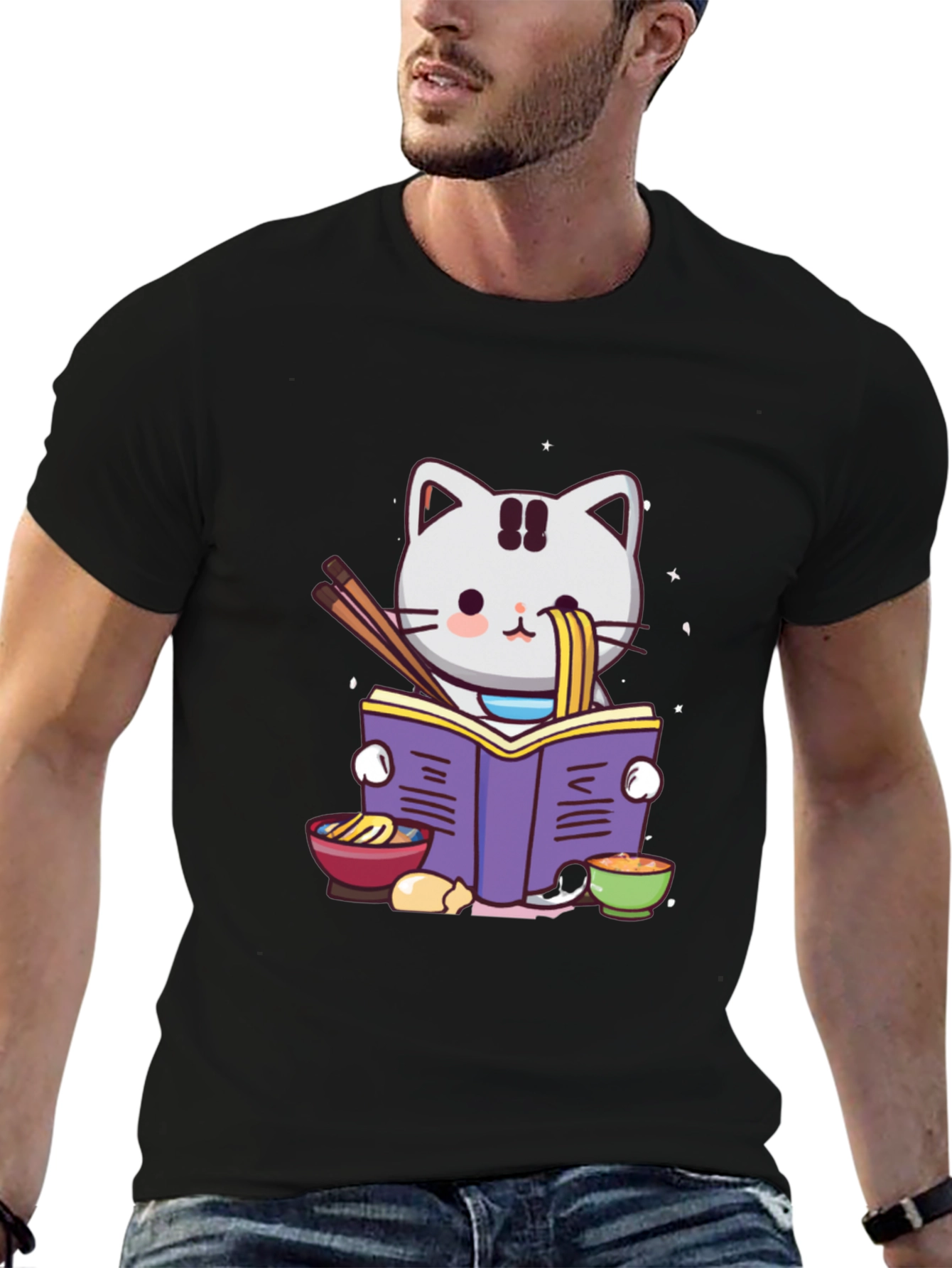 Black Ramen Cat Reading T-Shirt view 6
