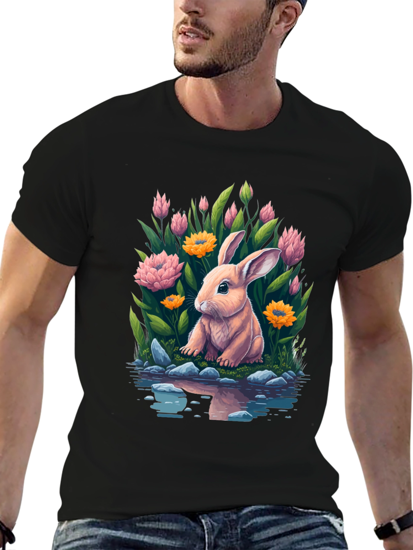 Black Bunny & Blooms Graphic Tee - Men's Black T-Shirt view 6