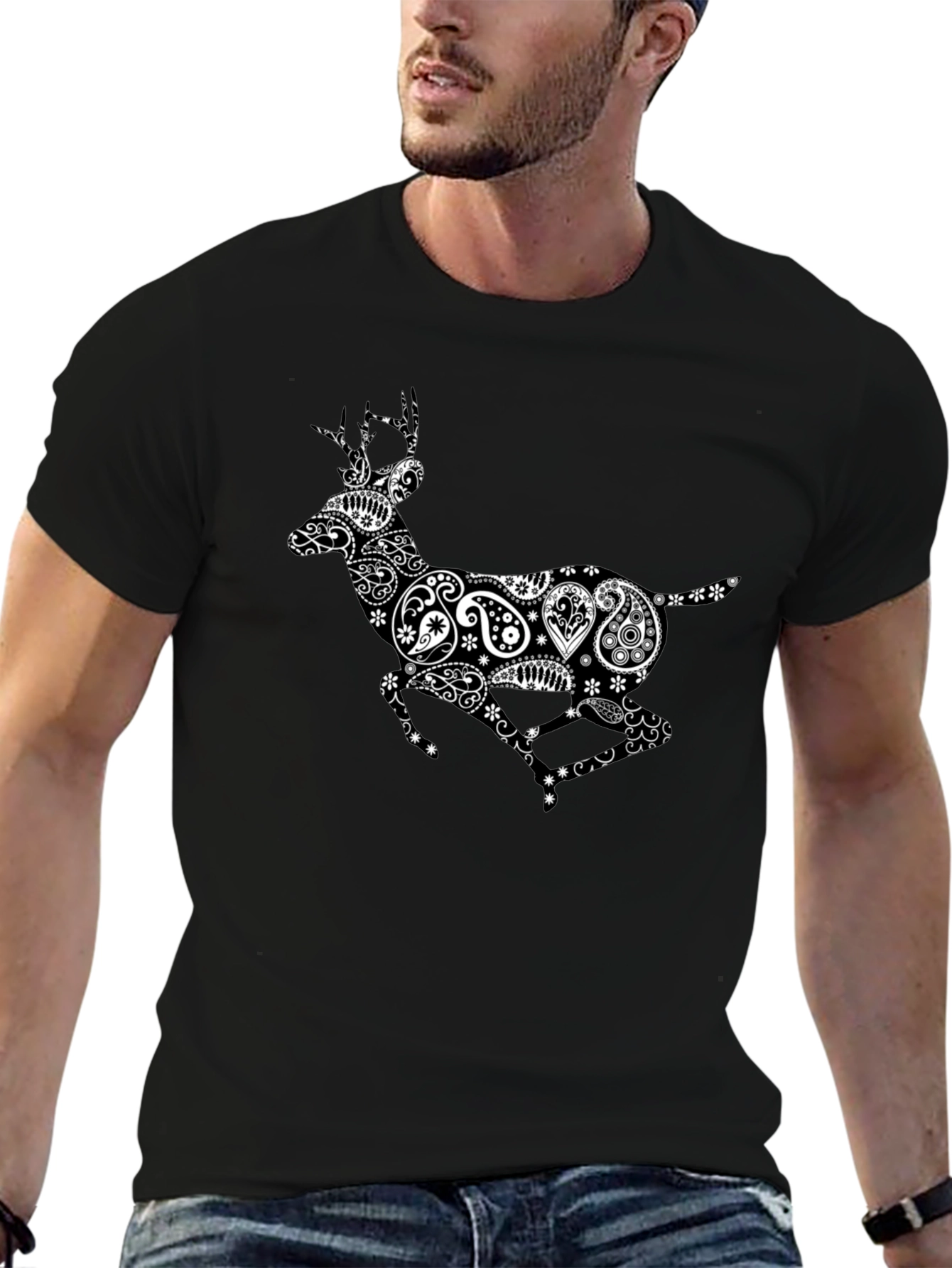 Black Paisley Deer Graphic Print T-Shirt view 6