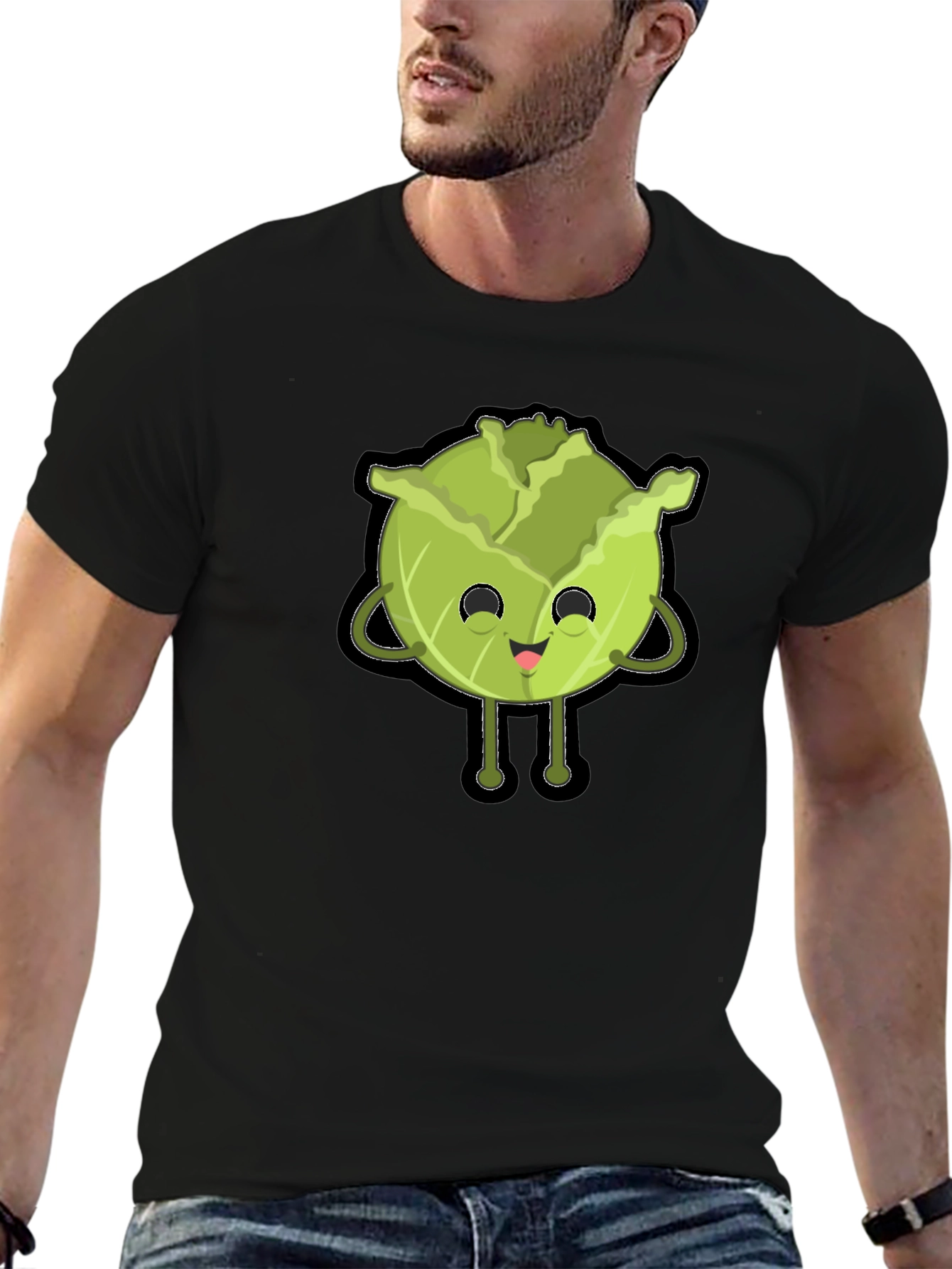 Black Cute Cabbage Character Graphic Tee - Black Cotton T-Shirt view 6