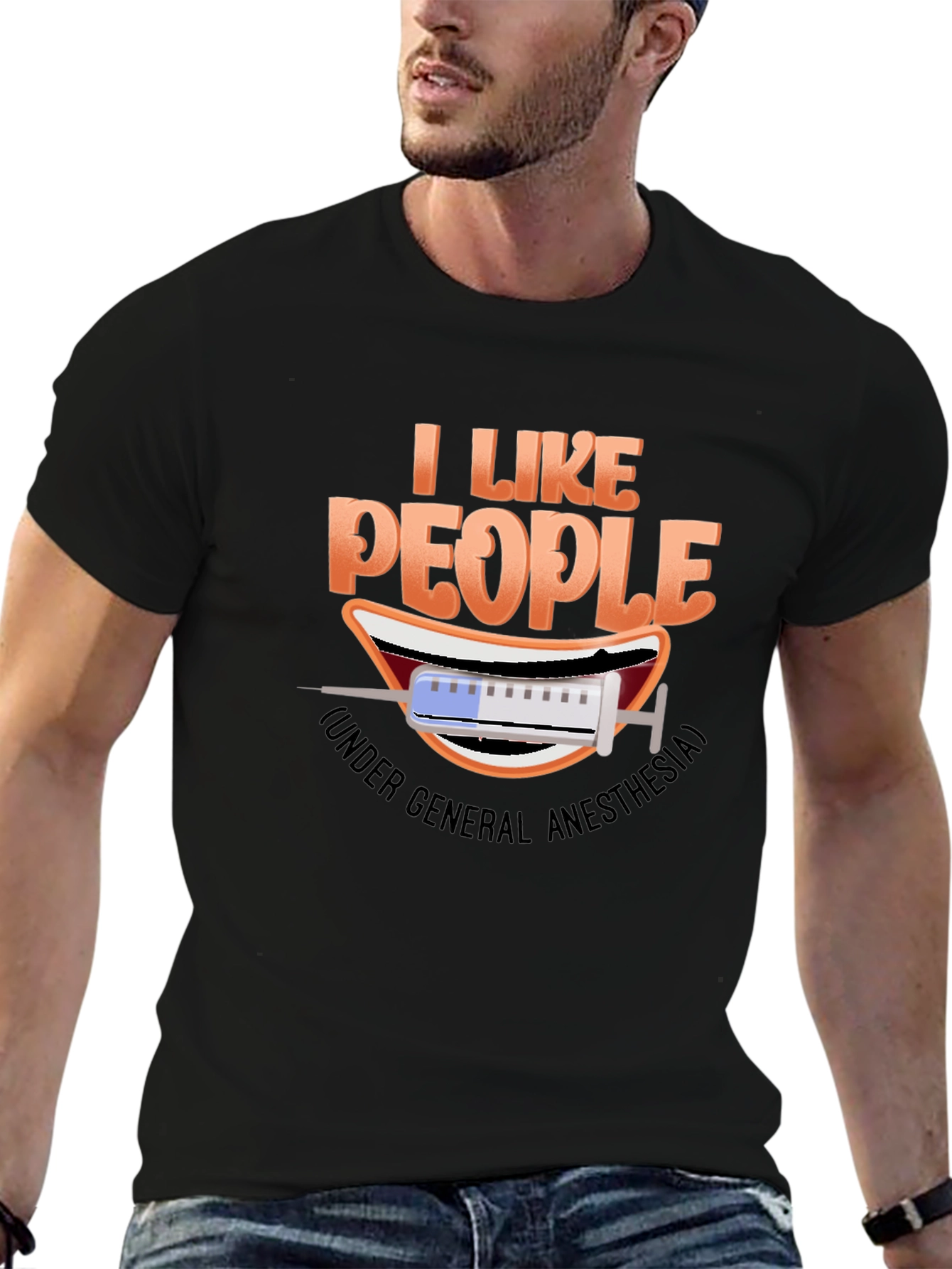 Black I Like People Under General Anesthesia T-Shirt view 6