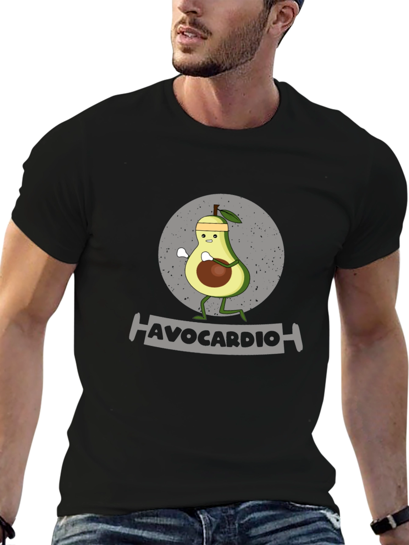 Black Avocardio Funny Avocado Workout Graphic T-Shirt view 6