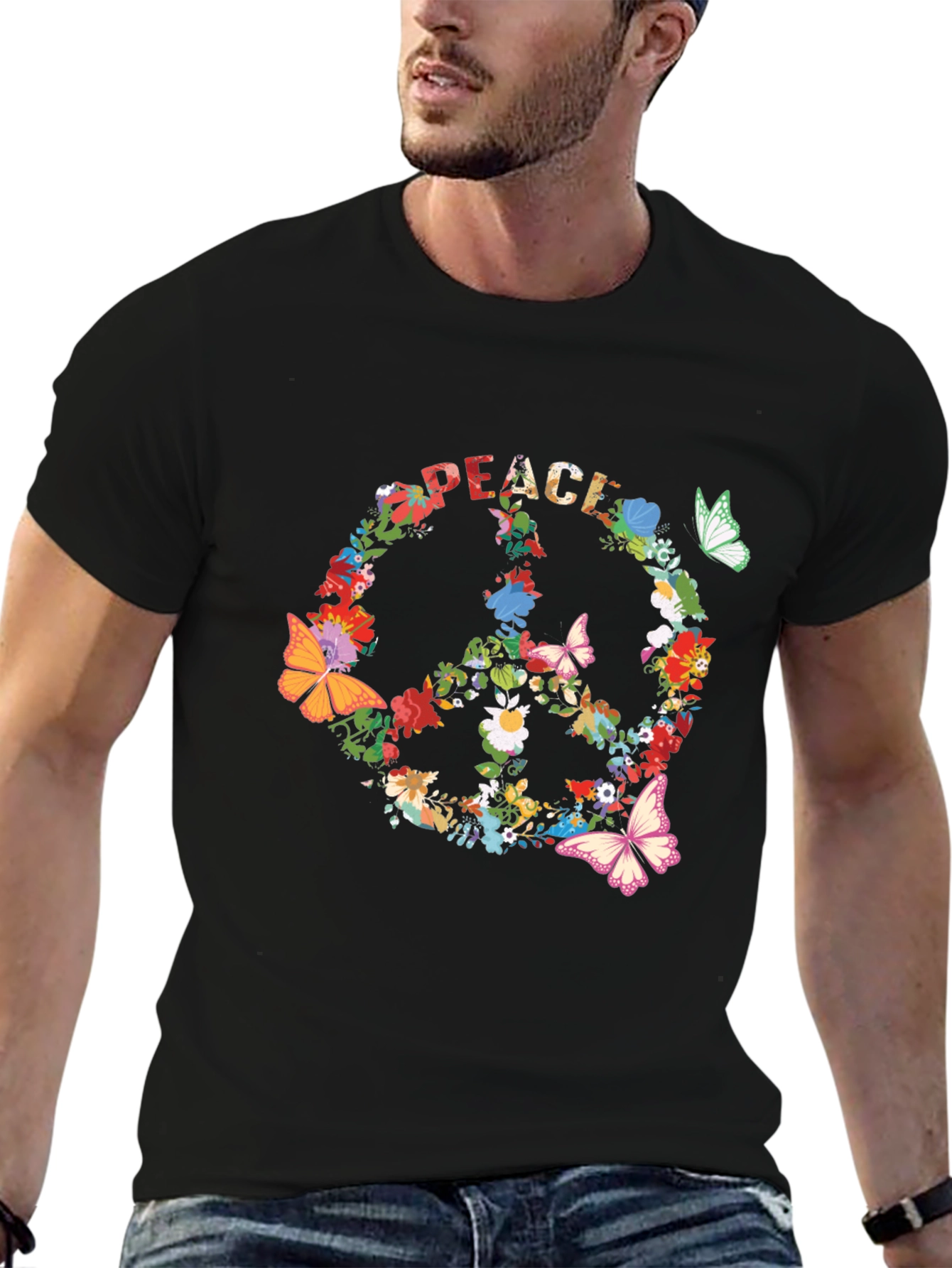 Black Floral Peace Sign T-Shirt - Retro Hippie Style view 6