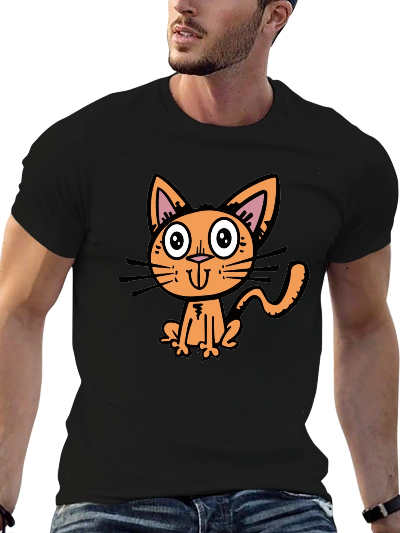 Black Cartoon Cat Graphic Tee - Black view 6
