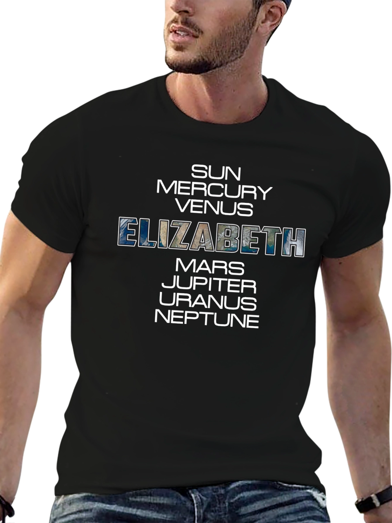 Black Elizabeth Planets T-Shirt - Unisex Cotton Space Tee view 6