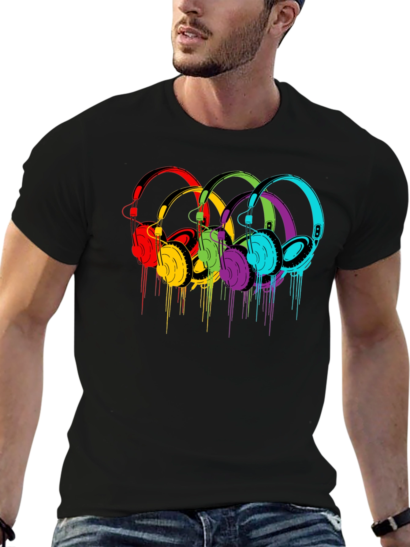 Black Colorful Headphones Graphic Black T-Shirt view 6