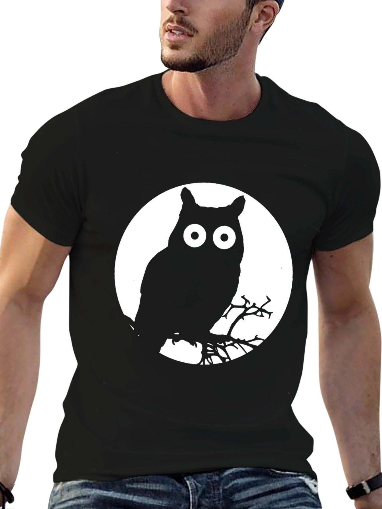 Black Owl Moon Graphic Tee - Black Cotton T-Shirt view 6