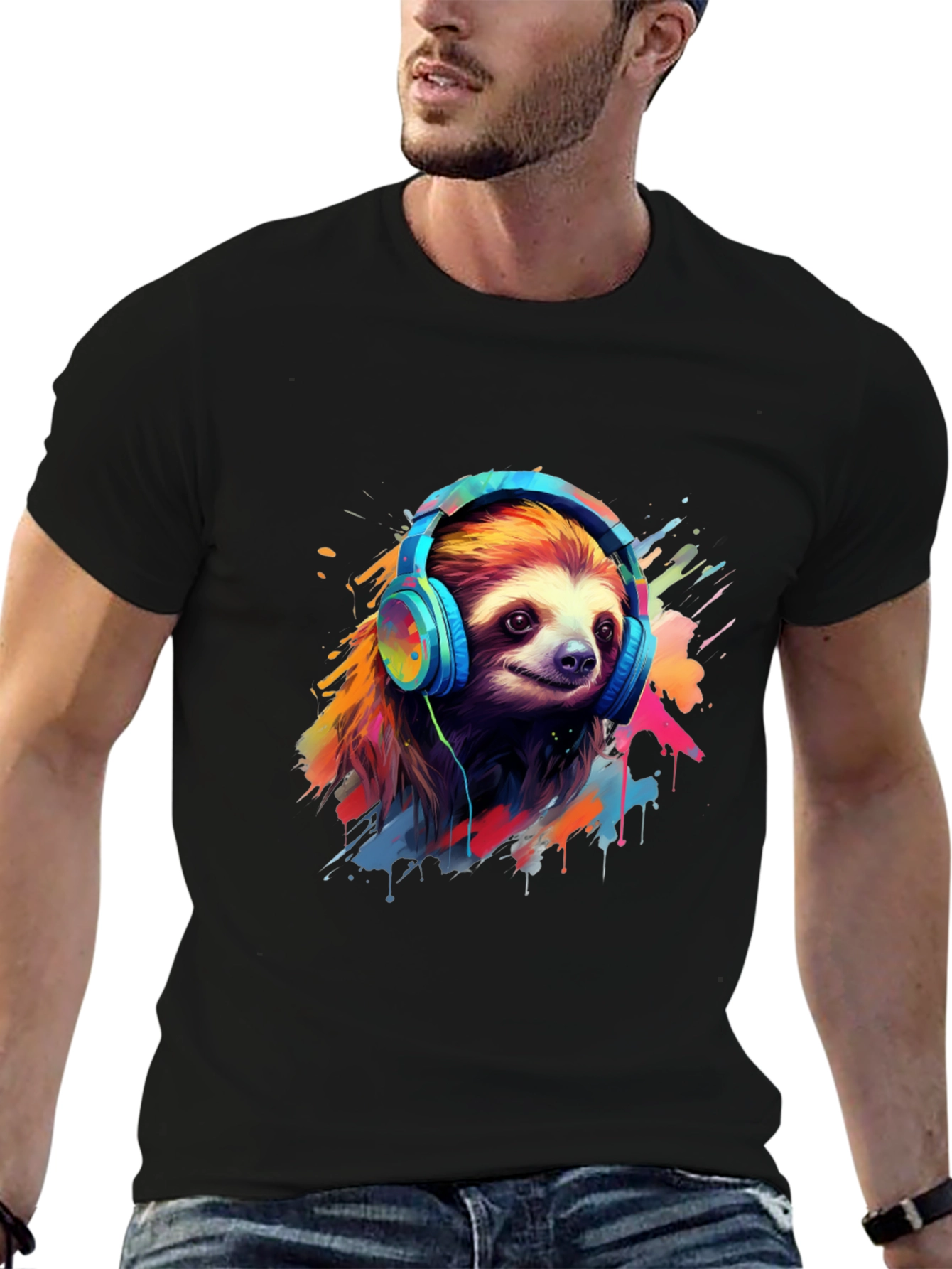 Black Sloth in Headphones Graphic Tee view 6