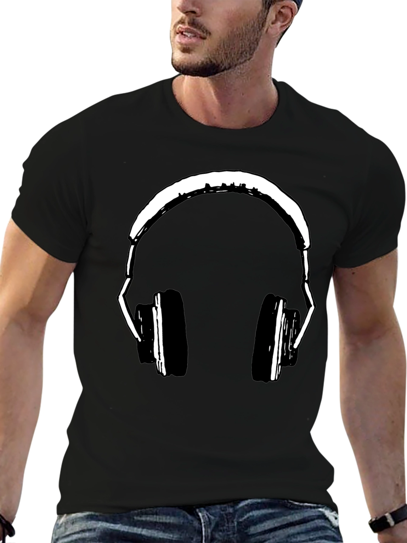 Black Headphones Graphic Print Black T-Shirt view 6
