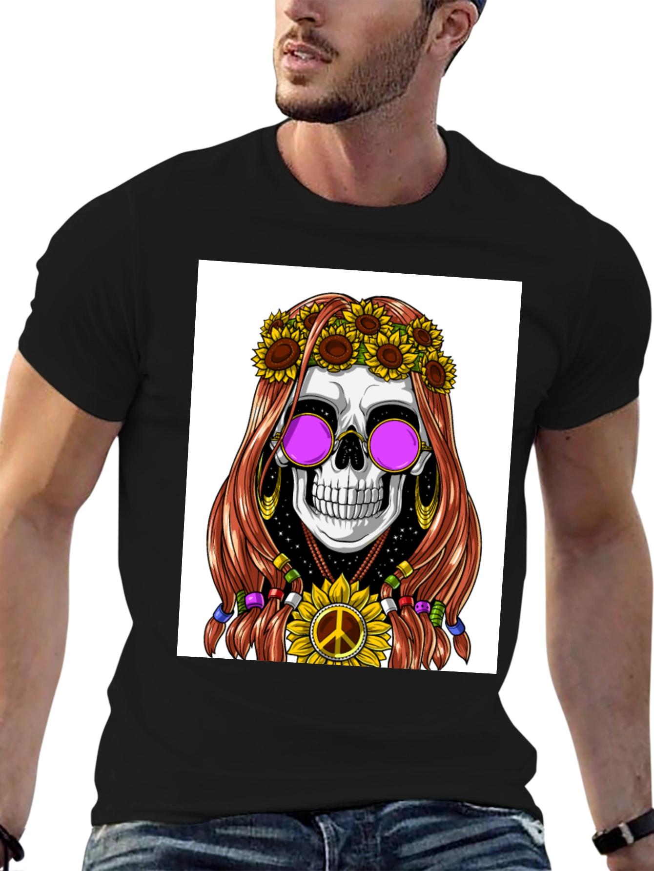 Black Hippie Skull Graphic T-Shirt view 6