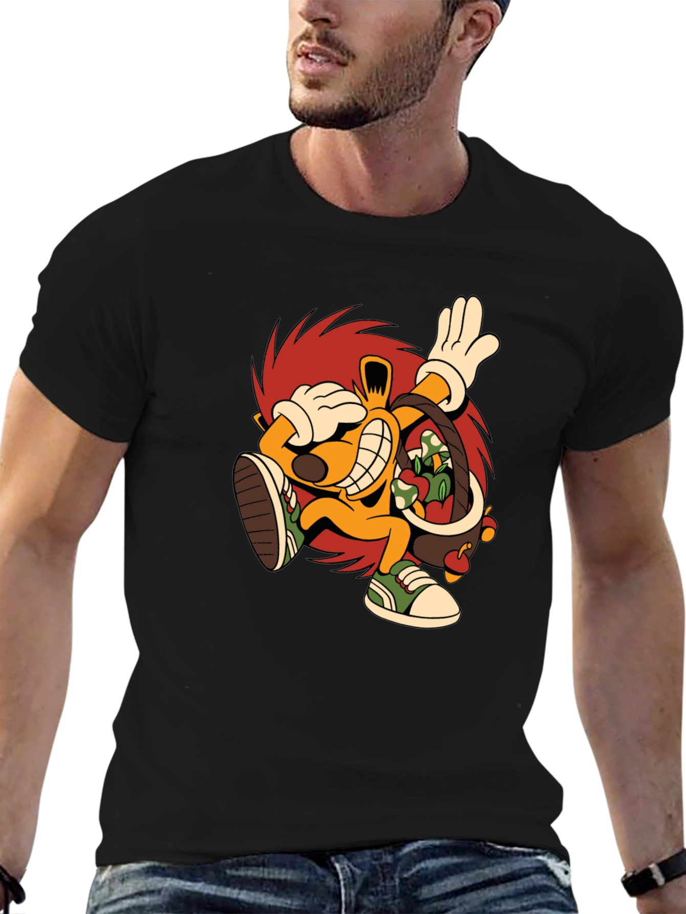 Black Cartoon Hedgehog Graphic Black T-Shirt view 6