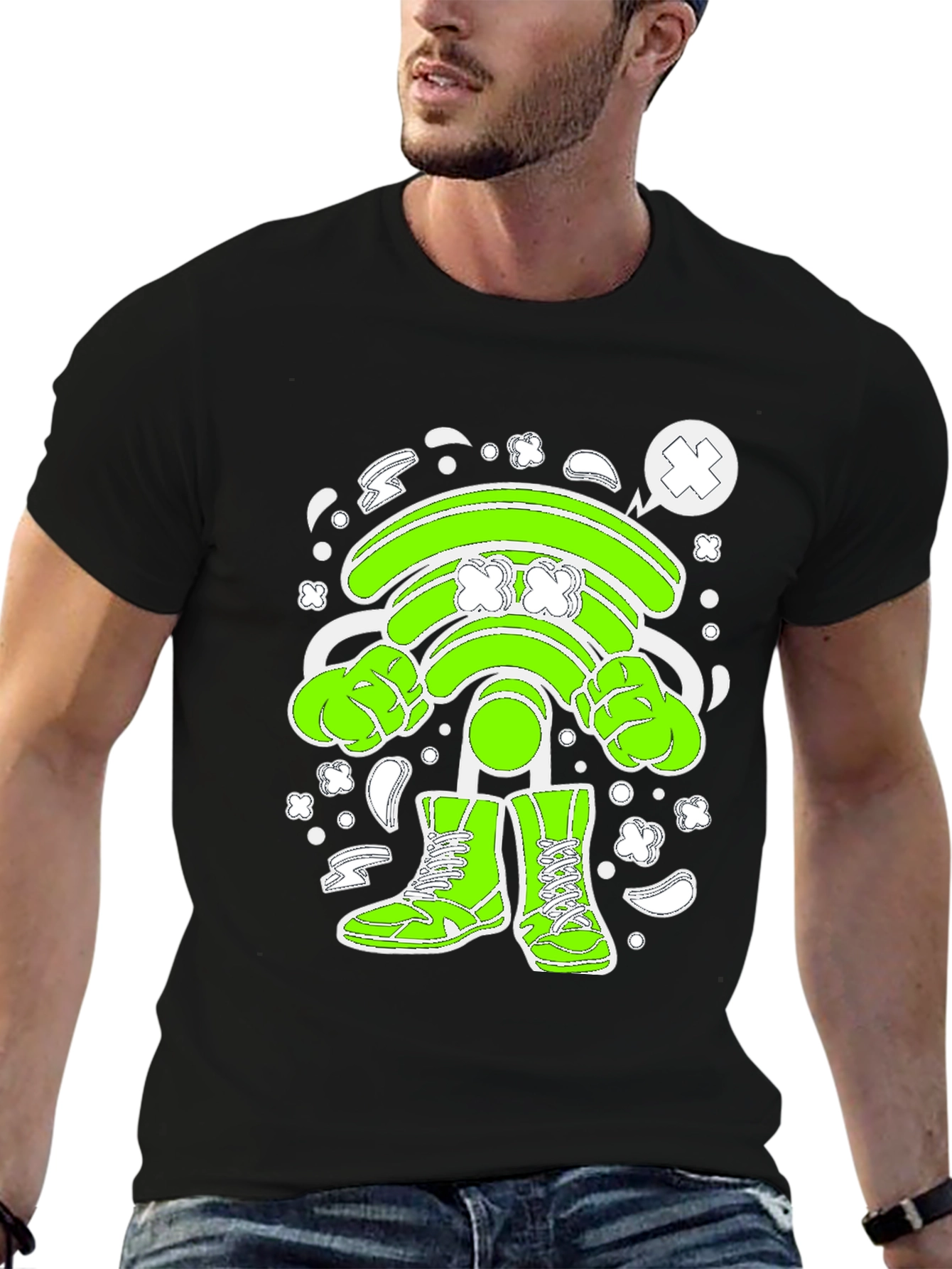 Black Funny Wifi Cartoon Graphic T-Shirt view 6
