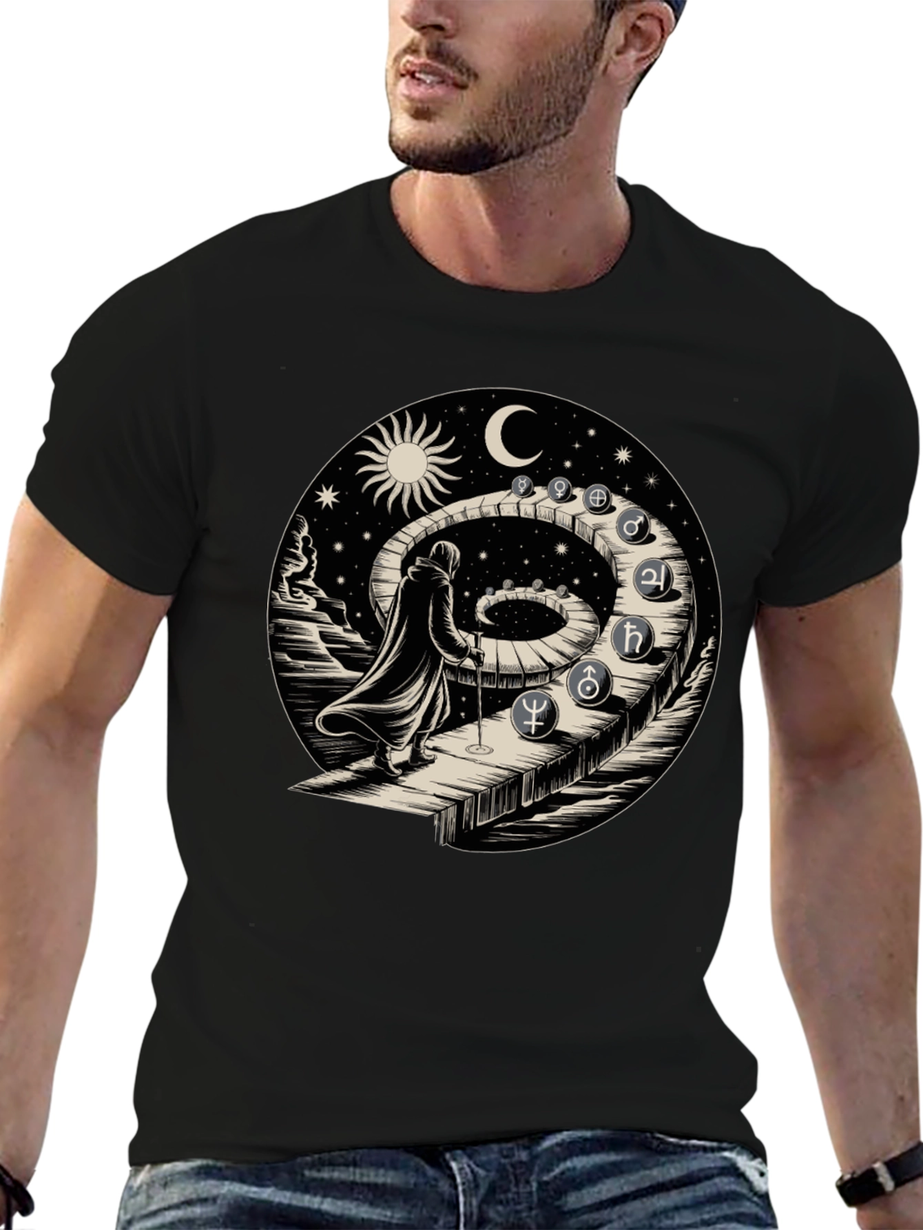 Black Astrological Path T-Shirt - Spiritual Journey Design view 6