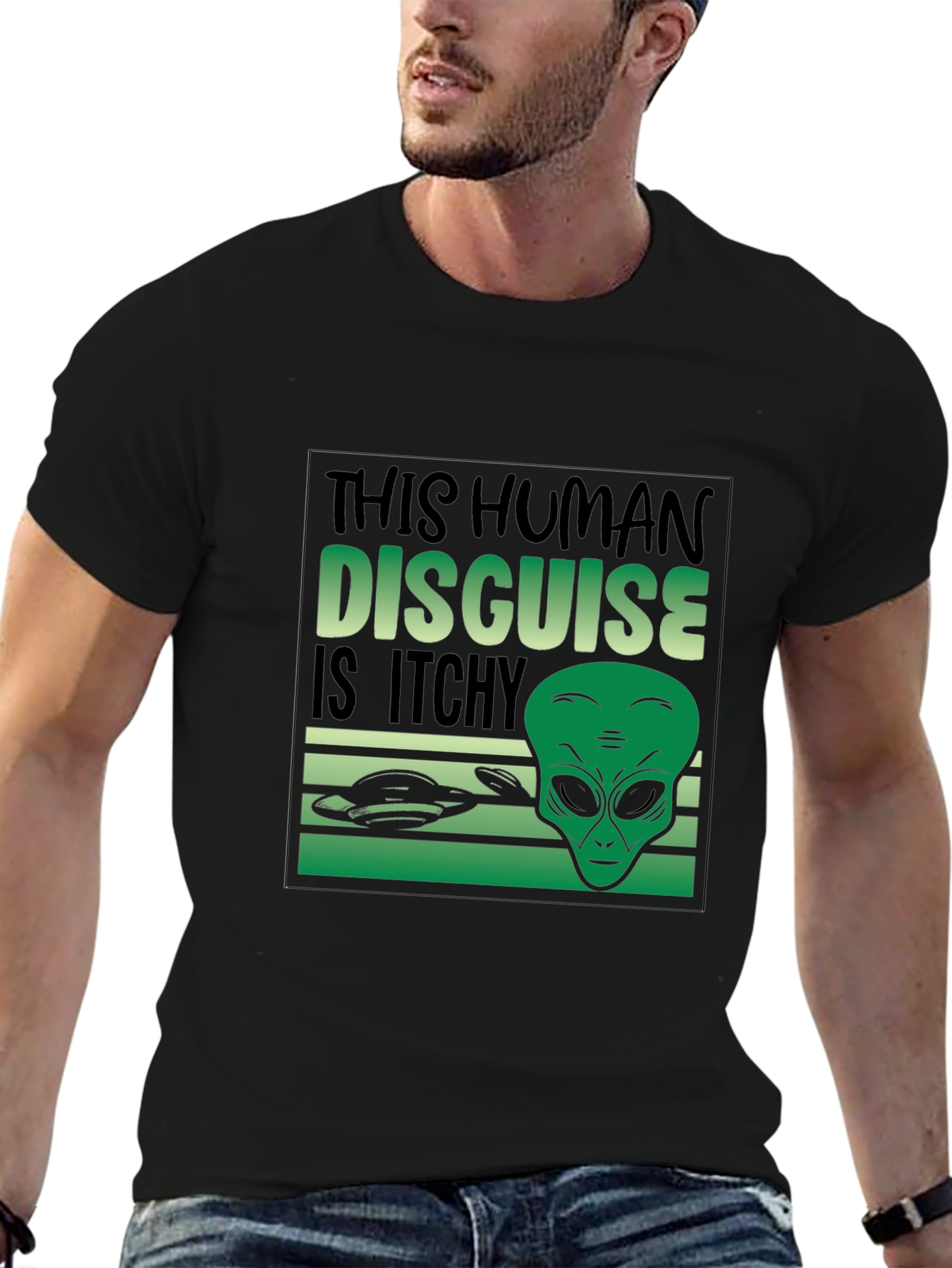Black Alien Disguise T-Shirt - Funny Sci-Fi Tee view 6