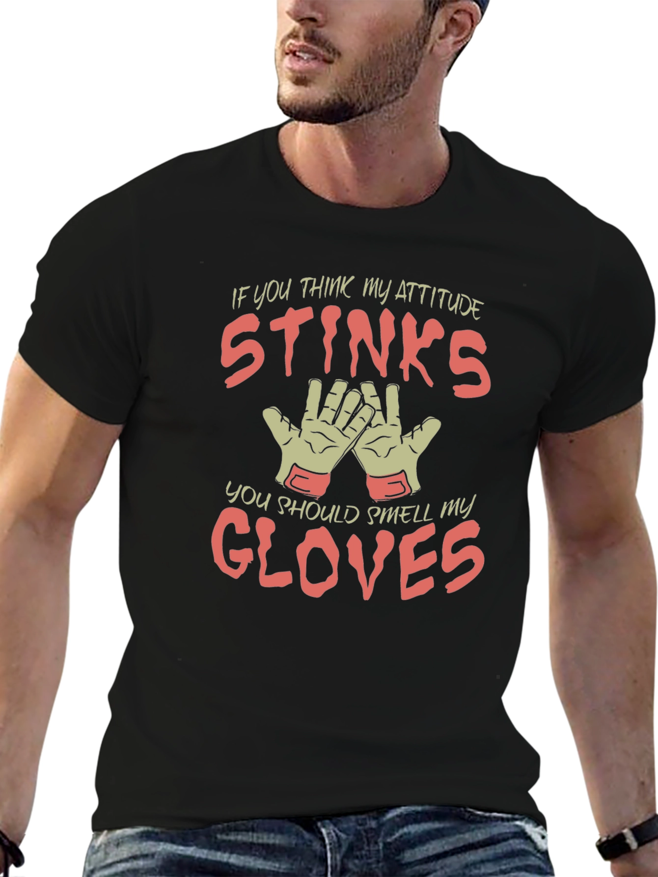 Black Attitude Stinks Gloves Graphic Tee - Unisex view 6
