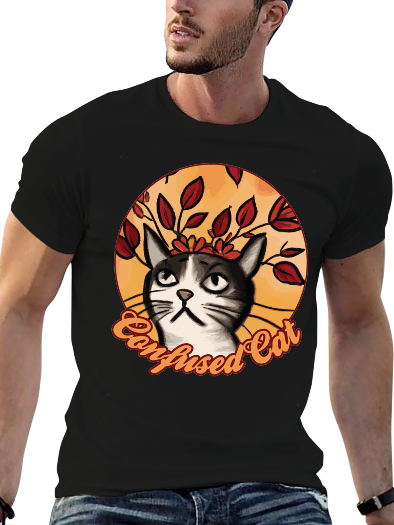 Black Confused Cat Graphic T-Shirt - Funny Cat Lover Tee view 6