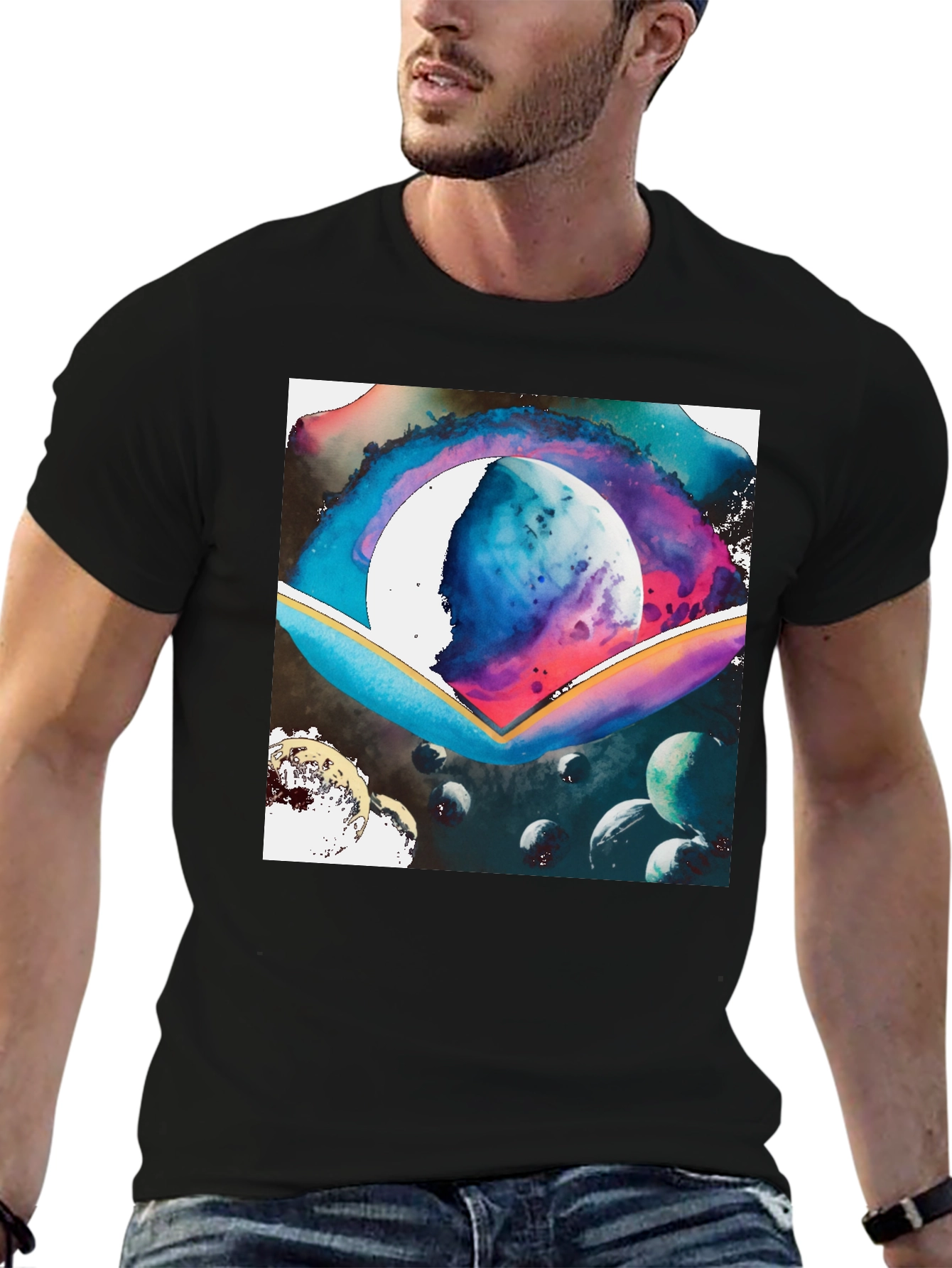 Black Galaxy Watercolor Graphic Tee - Black Cotton Blend view 6