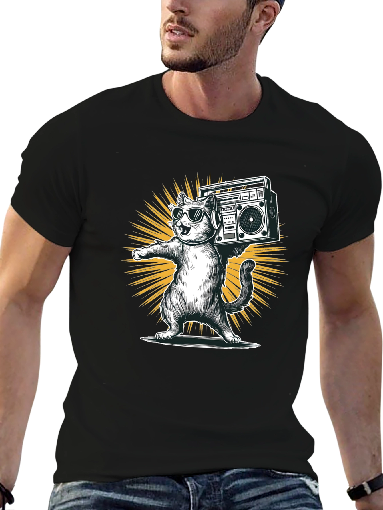 Black Cool Cat Boombox Graphic Tee view 6