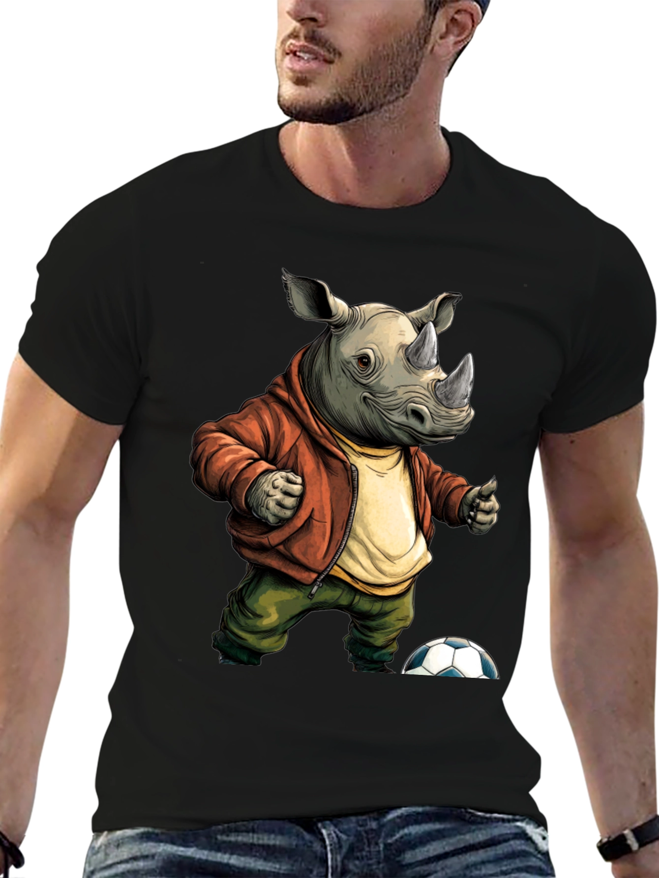 Black Rhino Soccer T-Shirt: Unique Cartoon Graphic Tee view 6