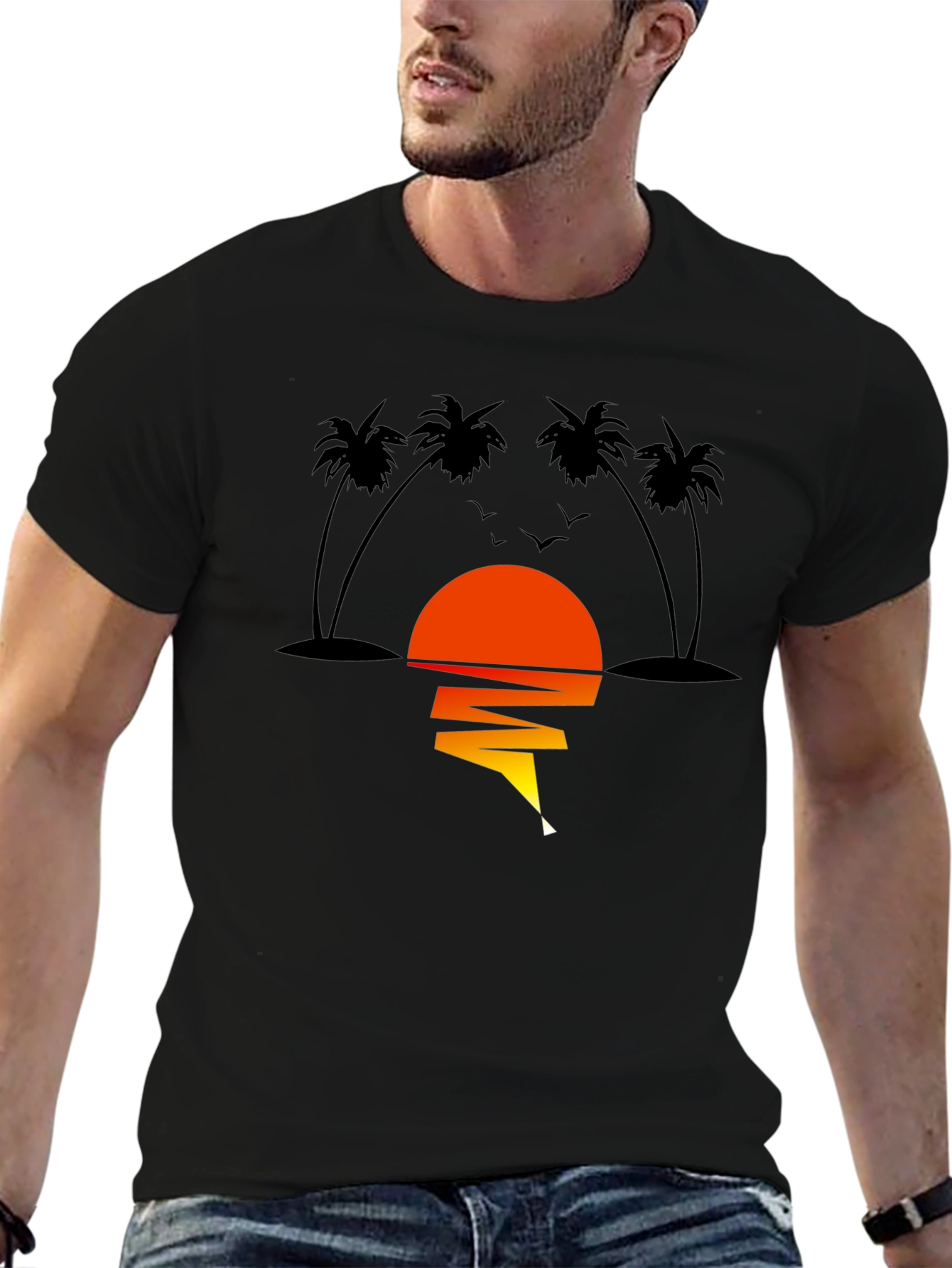 Sunset Palm Tree Graphic Tee - Men's Black T-Shirt - 6