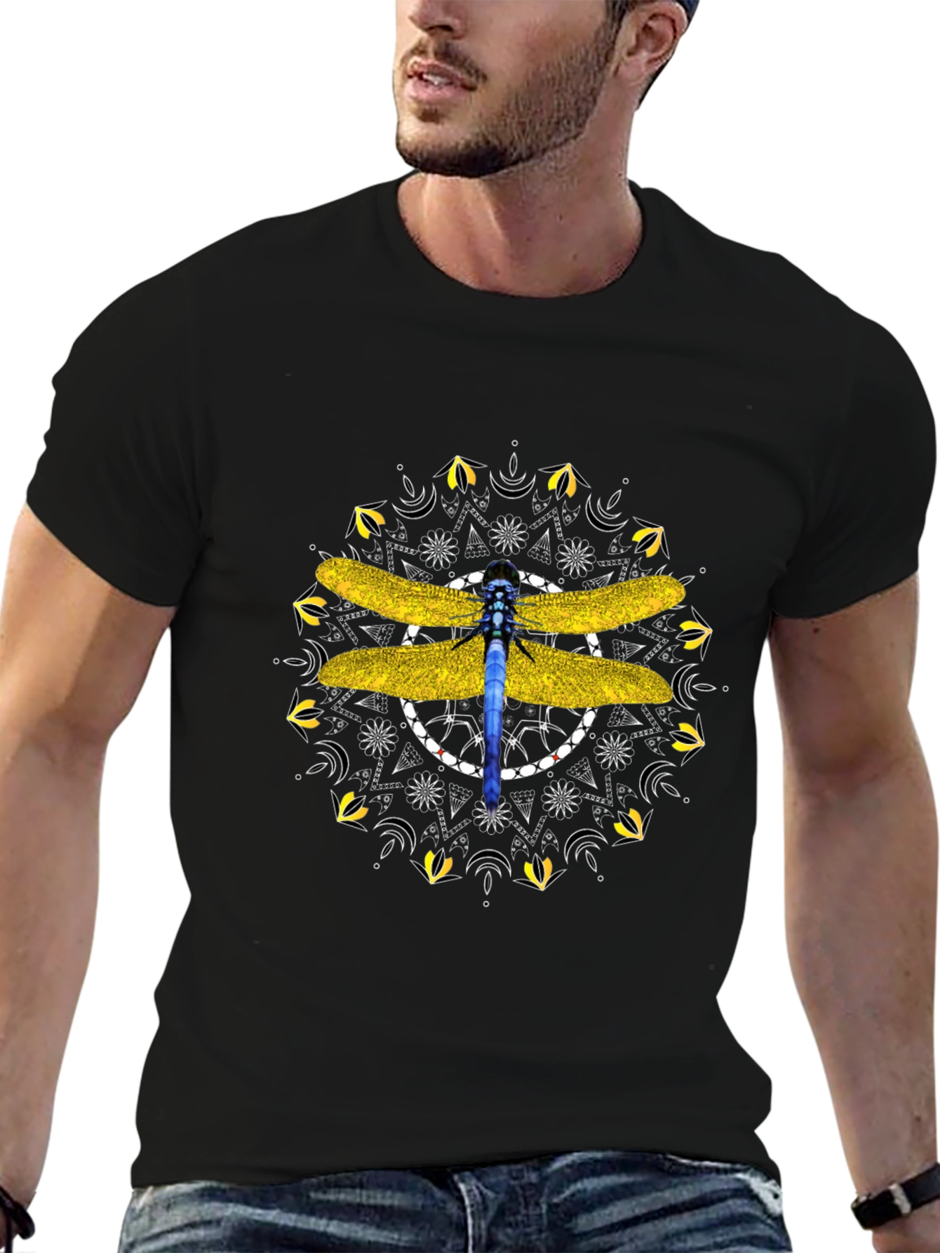 Black Dragonfly Mandala Graphic Tee - Stylish Black T-Shirt view 6