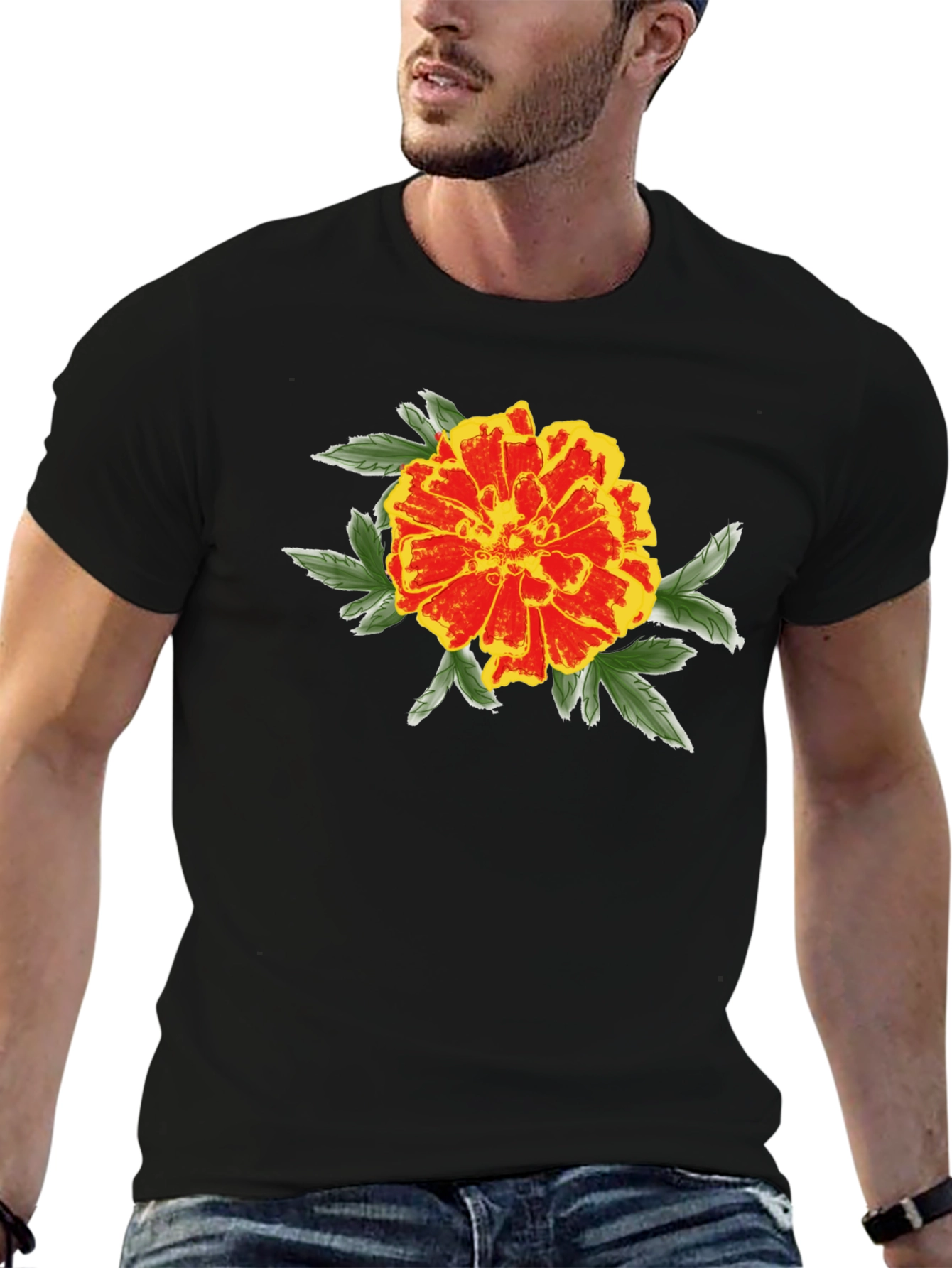 Black Marigold Graphic Black T-Shirt - Stylish Floral Design view 6