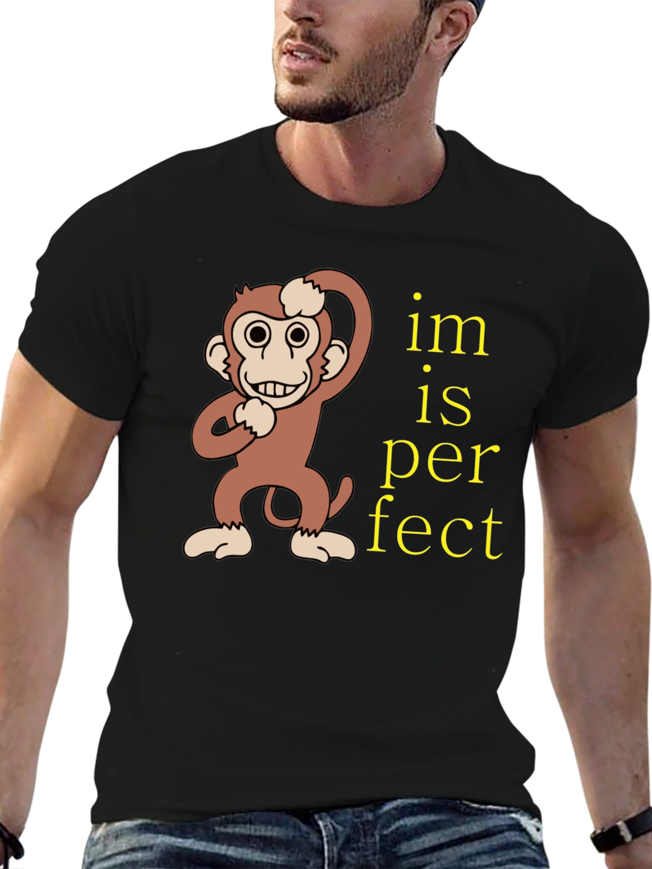 Black Funny Monkey "Im is Perfect" Graphic T-Shirt view 6