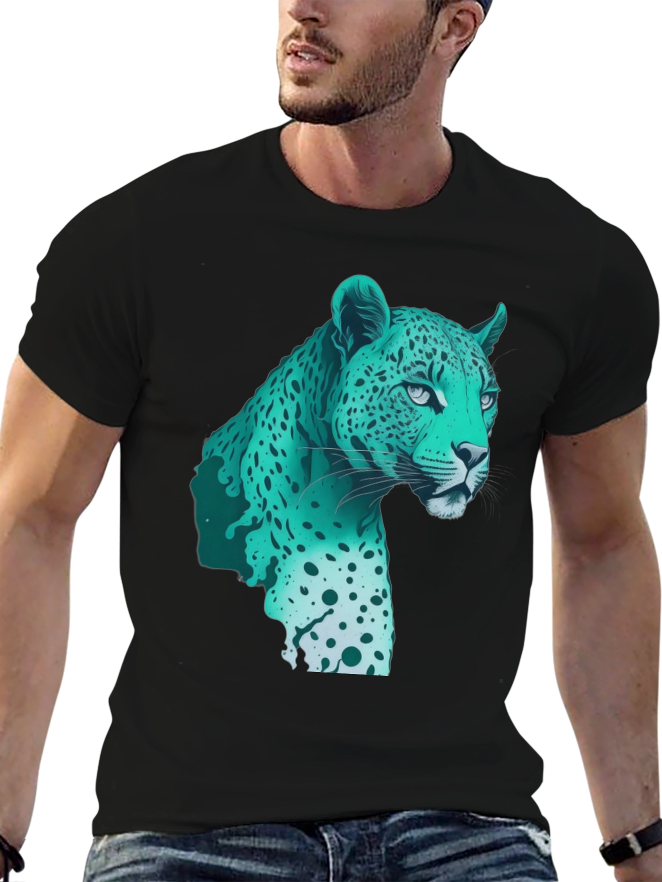 Black Cool Teal Jaguar Graphic Print Black T-Shirt view 6