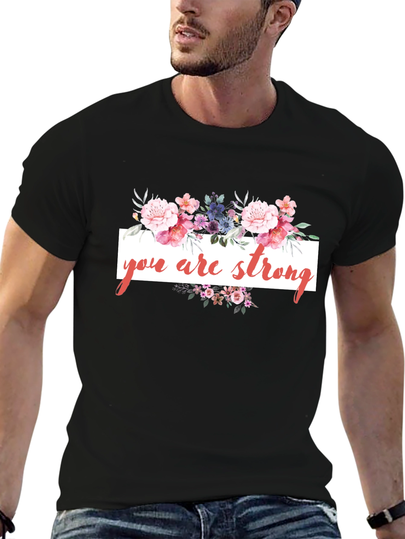 Black Floral 'You Are Strong' Black T-Shirt view 6