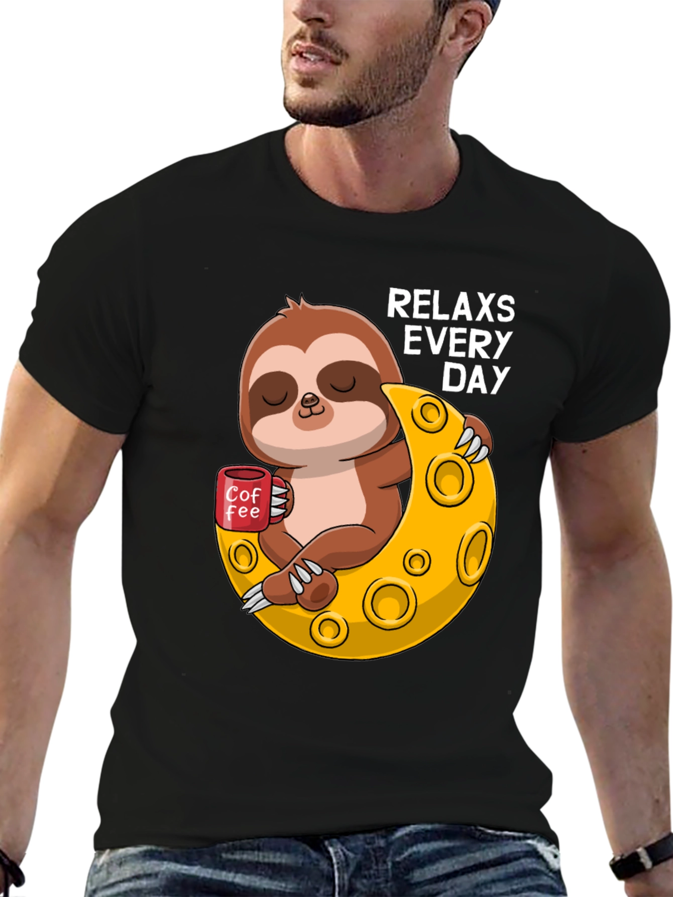Black Relax Sloth on Moon T-Shirt view 6